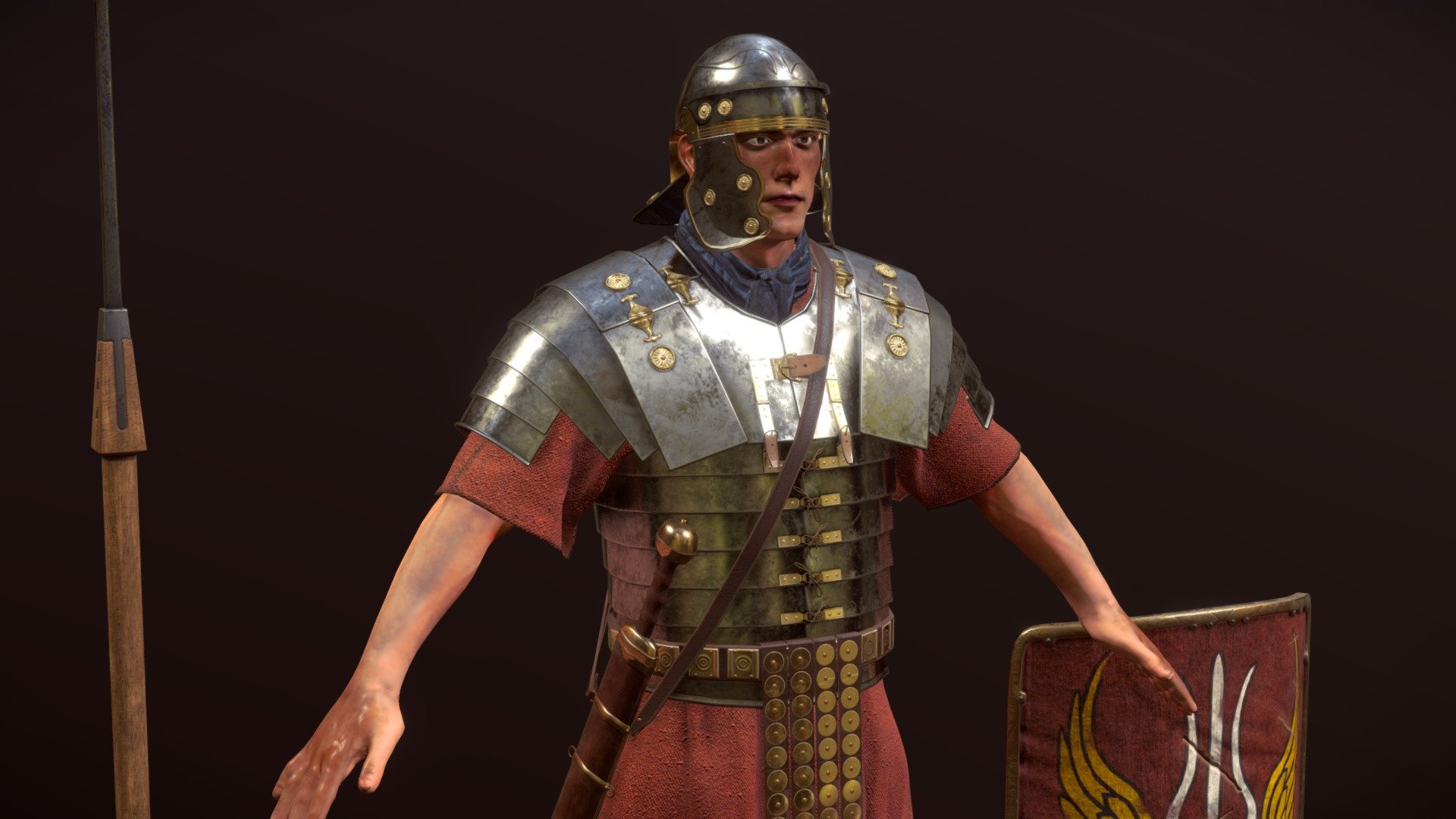 High quality Low poly 3d model of an 1st Century Roman Legionary. The model is accurately modeled in high poly using marvellous designer and then fixed in Blender. The textures are made in Substance Painter. THE MODEL IS PROVIDED WITH A MIXAMO RIG AND MIXAMO ANIMATIONS. THE RIG IS MADE [FOR] BLENDER AND MAY NOT WORK WITH OTHER SOFTWARE. You can use all animations from action editor in Blender. All the proportions are based on the model of 1,80-meter man. All the textures are provided in 4K Resolution.

included :
* Lorica Segmentata
* Tunic
* Galea Helmet
* Gladius
* Pilum (Spear)
* Scutum (Shield)
* Caligae
* 4K Textures

Animations:
* Idle
* Walk
* Run
* Slash
* Impact