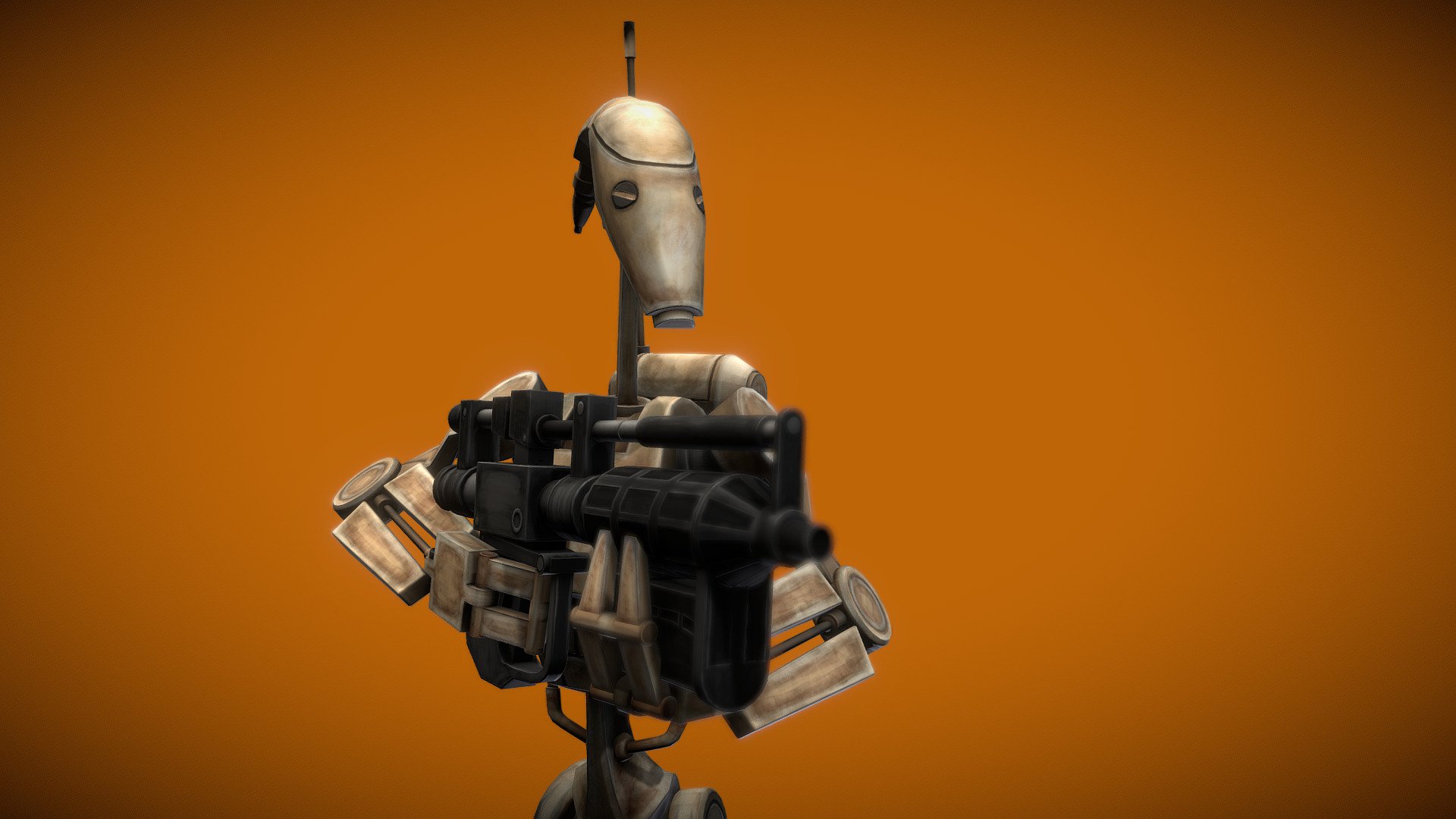 B1 Battle Droids were fourth class battle droids manufactured by Baktoid Combat Automata and Baktoid Armour Workshop, and were the successors to the OOM-series battle droids. Widely used by the Confederacy of Independent Systems, these battle droids were flimsy and easy to destroy, but deadly in large numbers.  Following the defeat of the Confederacy, B1 battle droids were deactivated by the Galactic Empire along with the rest of the droid army, although they were still used throughout Seperatist holdouts and the black market during the Age of the Empire.

Purchase comes with the following files: 
Basic Autodesk Maya rig
B1 Battle Droid skeletal fbx
B1 Battle Droid &amp; E5 blaster rifle objs
Standard B1 Battle Droid and E5 texture maps (diffuse, roughness, metal, normal, AO) + bonus OOM-10 diffuse.
