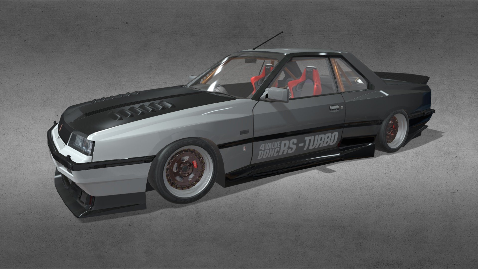 This model comes with a 6 cylinder twin turbo engine and complete racing interior and rollbar. Model is a low poly model but the wheels are high poly..All done in Blender 2.93 and Photoshop