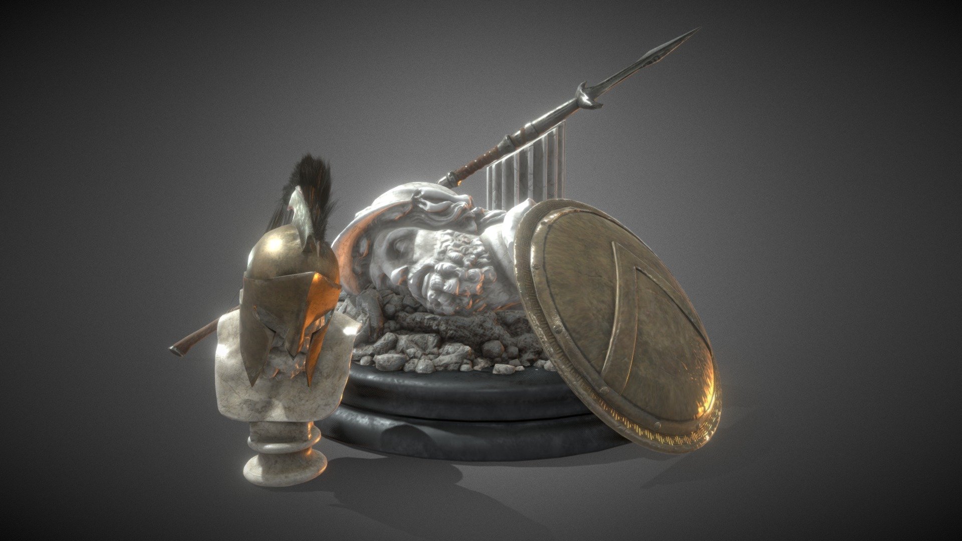 A cool set of weapon i made,sculpted in lightwave and zbrush and textured in Substance Painter .
it contains an helmet,spear,shield and a pedestal with some ruins of columns and statues.