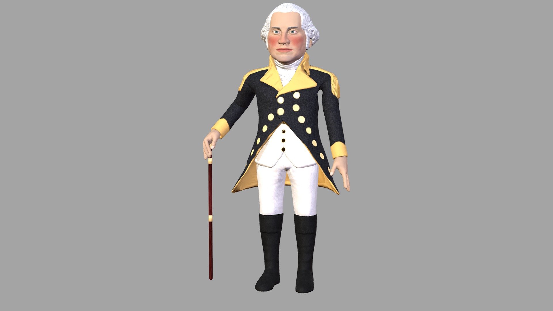Low poly stylized 3D caricature of George Washington, first president of United States.
Game ready, rigged, animated 3D character. 
T-posed rigged FBX file and Maya file is included among extra files folder. In that folder 2 more texture variants are included. Rig on T-posed file is complatible with Unity Humanoid system.  

Browse my store to see more of my work. 

Message me if interested to commision me for custom work.
