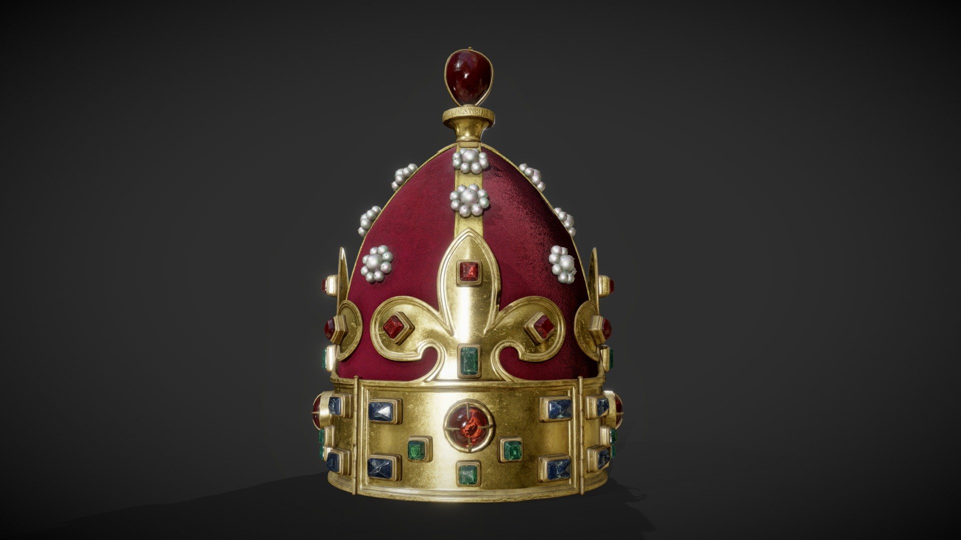


Coronation Crown of France
The coronation crown of France was created by King Philippe Auguste in the 13th century.The red tiara was added later by King Jean II to show the religious power of the king. 
The crown was melted by the Catholic League in 1590 and replaced by the queen's crown, which was very similar but without a tiara. The queen's crown  was destroyed during the French Revolution. 
Recreation mainly based on H. Pinoteau's work. 


What’s inside?



The crown and the tiara as 2 independent meshes. So you can freely use the crown without the tiara.

1 Texture set (1k/2k/4k)

Optional masks to let you make adjustments depending on your render engine: 

1 mask for velvet

4 masks for gemstones (Rubies/Sapphires/Emeralds/All gems)

1 special opacity texture for gemstones. Only created for the Sketchfab viewer but you may find it useful.
