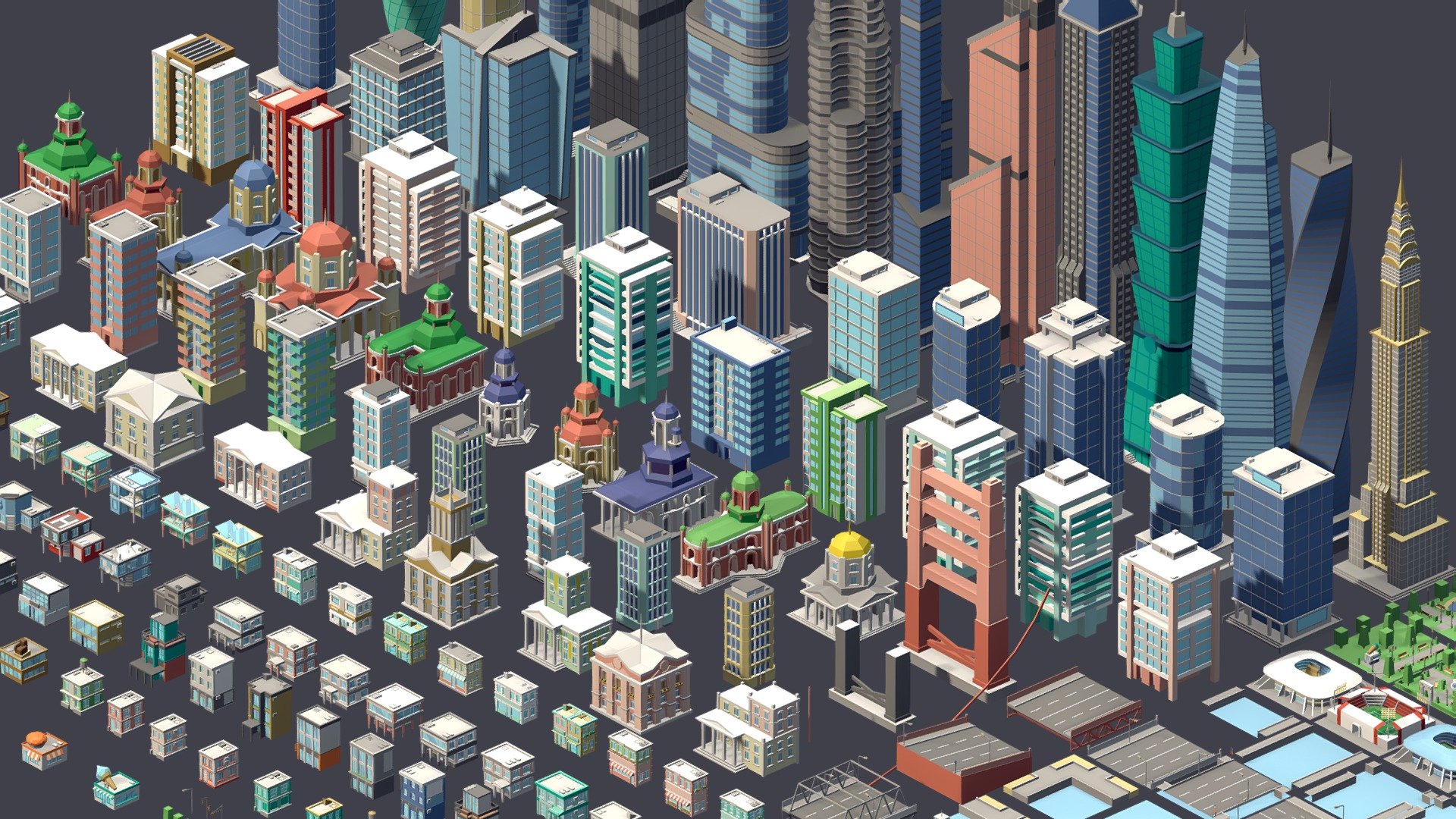 Package:




Set of unique assets (414).

Where to use:





Games. Models optimized for game engines;




Multiplication;




Advertising and marketing;




NFT, metaverses;




VR / AR;




3d printing.



Features:





By combining assets, you can create your own unique city;




You can easily change the color of objects - using the UV map;




Pivot in the logical place of the object;




Model has a logical name.



Geometry:





414 unique assets;




286k triangles all pack.



Items:





Landscape (x97) 




Buildings (x150)




Stadiums (x10)




Park (x10)




Entertainment areas (x10) 




Car (x52) 




Bus (x10)




Truck (x10)




Trailer (x5)




Ships (x10)




Air (x10)




Props (x39)



Scale: 

Real-world-size

Material:

All models use one materials (color) 

Textures:

All models use one texture (as a color palette);

Resolution: 1024 px.

If you liked this package, please leave a review! Creativity to you!