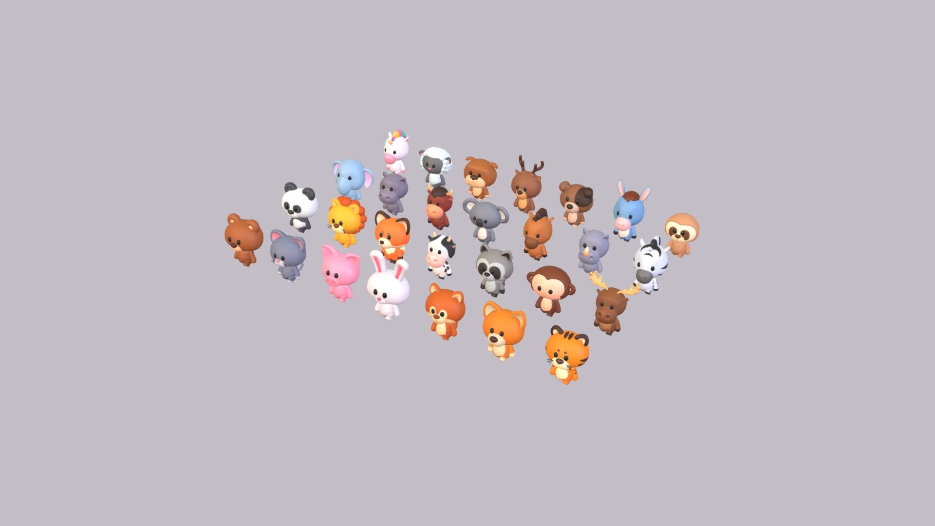 Rigged Cartoon Animal Character Pack 3d model.      
    


28 Rigged Animal  

- Bear  

- Cat  

- Pig  

- Rabbit  

- Squirrel  

- Dog  

- Tiger  

- Panda  

- Lion  

- Fox  

- Cow  

- Raccoon  

- Monkey  

- Moose  

- Elephant 

- Hippopotamus  

- Bull  

- Koala  

- Horse  

- Rhinoceros 

- Zebra  

- Unicorn  

- Sheep  

- Bulldog  

- Reindeer  

- Jack Russell Dog  

- Donkey  

- Sloth  


File Format      
 
- 3ds max 2023  
 
- FBX  
 


Clean topology    

Rigged with CAT in 3ds Max                         

Non-overlapping unwrapped UVs        
 


PNG texture               

2048x2048                


- Base Color                        

- Normal                            

- Roughness                         

