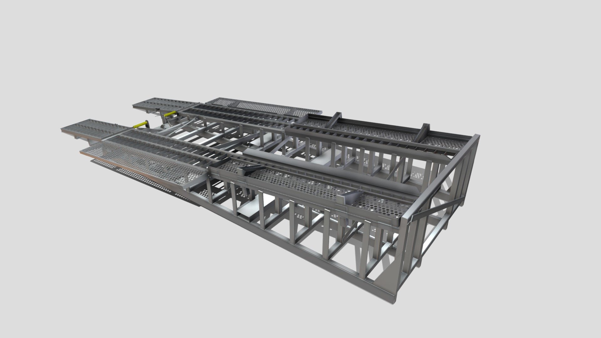DURAPAN® Engineered &amp; Rated Steel Truck Ramp System 

Roll-Off Engineered Ramp System designed for Concrete Pump, Street Sweeper and Vacuum Truck Discharge. Ideal for use with DURAPAN® water-tight steel containment sold separately.

Features &amp; Benefits:

Made in U.S.A. 
Reinforced outside rail understructure
Heavy-duty spring-assisted steel fold-up ramps
Engineered 43” grade lift to accomdiate universal use applications 
Torture rated at 100,000 lbs. maximum capacity
ASTM reinforced steel outer rails 5 x 3 x 1/4” tubing
Heavy-duty steel rear wheel bumper
Foldable cat-walk 20'
Safety tire-guides for driver
ASTM heavy-duty long sills 5 x 2 x 1/4” steel tubing
ASTM heavy-duty steel gussets on long sills and outer rails

Custom options:

Extended side-mounted fold-down catwalks (over 20’)
Enhanced steel pinned rear outriggers for stability on uneven surfaces

Patent Pending 2022