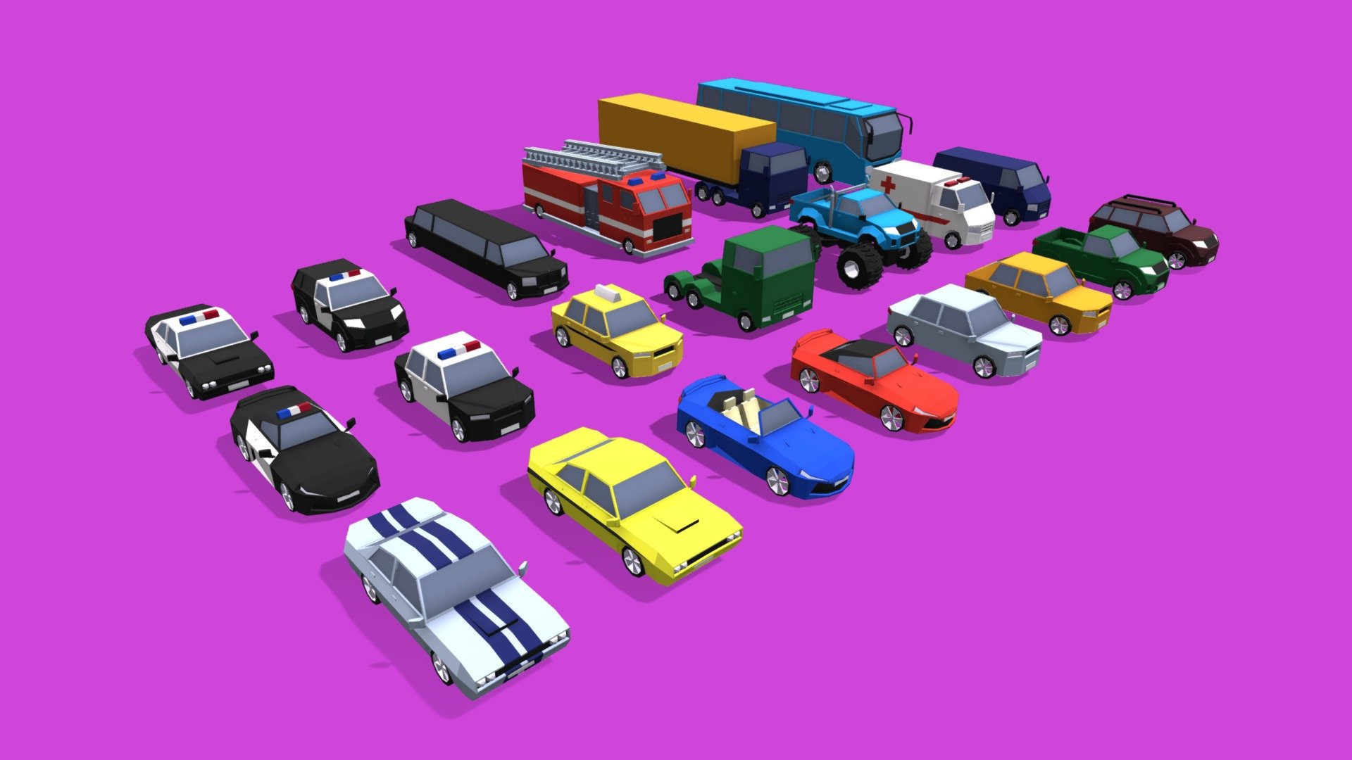 A free low poly game ready vehicles pack with separated wheels to use on your 3D games.

The colors are separated by materials, so yon can create new car colors easily.

Vehicles included:




4 Police cars (Sedan, Sports, Muscle, SUV)

2 Muscle

1 Sports

1 Roadster

1 Sedan

1 Hatchback

1 Pickup

1 SUV

1 Van

1 Ambulance

1 Monster Truck (Bigfoot)

1 Taxi

1 Truck

1 Truck with trailer

1 Bus

1 Firetruck

1 Limousine

Licence is CC0.

Enjoy it!
