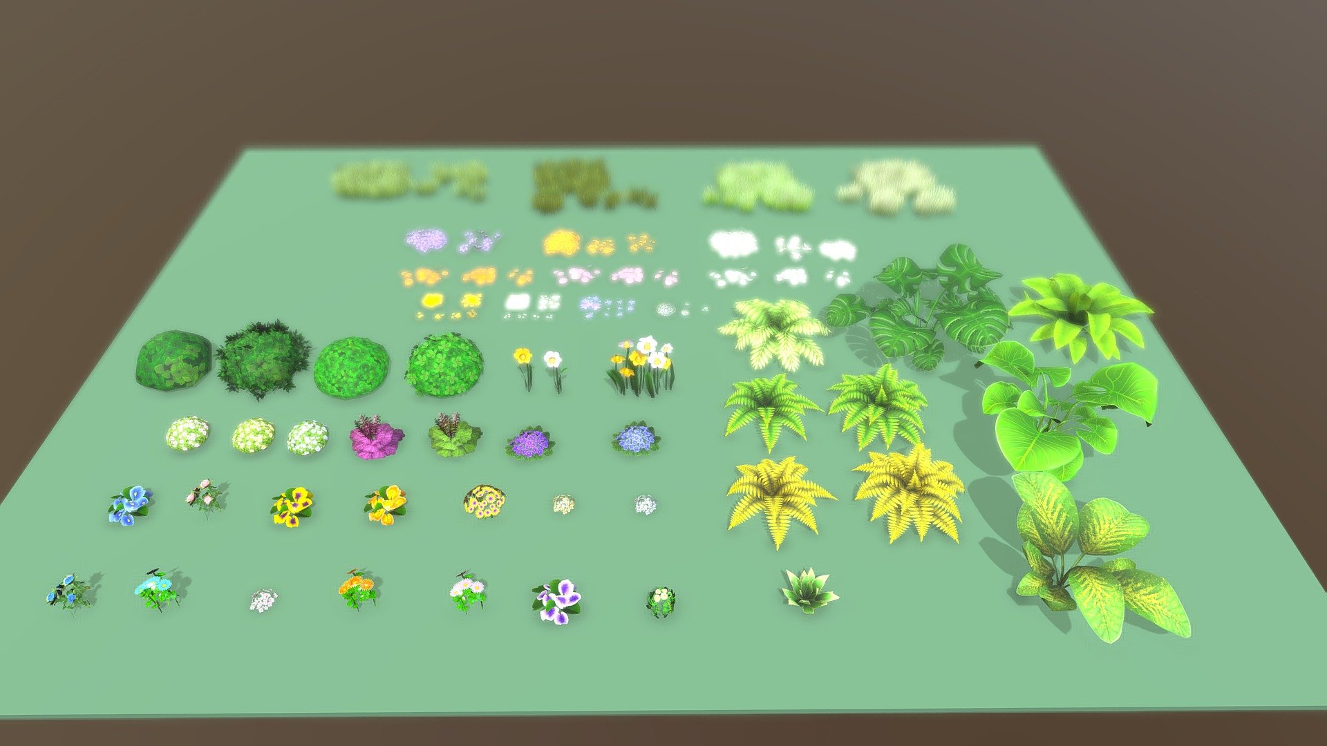 50+ stylized low poly plants.