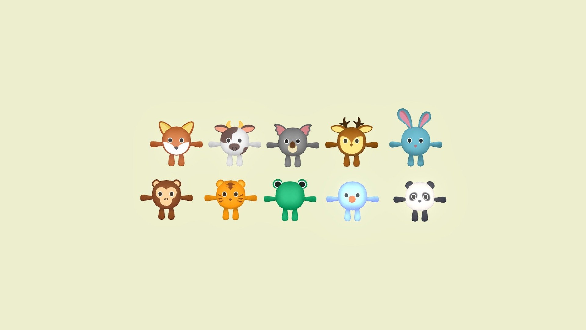 Animal Character Pack 3d model in cartoon style.

File : Blender , FBX

1024x1024 PNG Texture

Fox 1072 tris

Cow 1760 tris

Koala 1296 tris

Deer 1152 tris

Rabbit 1136 tris

Monkey 1072 tris

Tiger 1072 tris

Frog 1072 tris

Snowman 768 tris

Panda 1456 tris