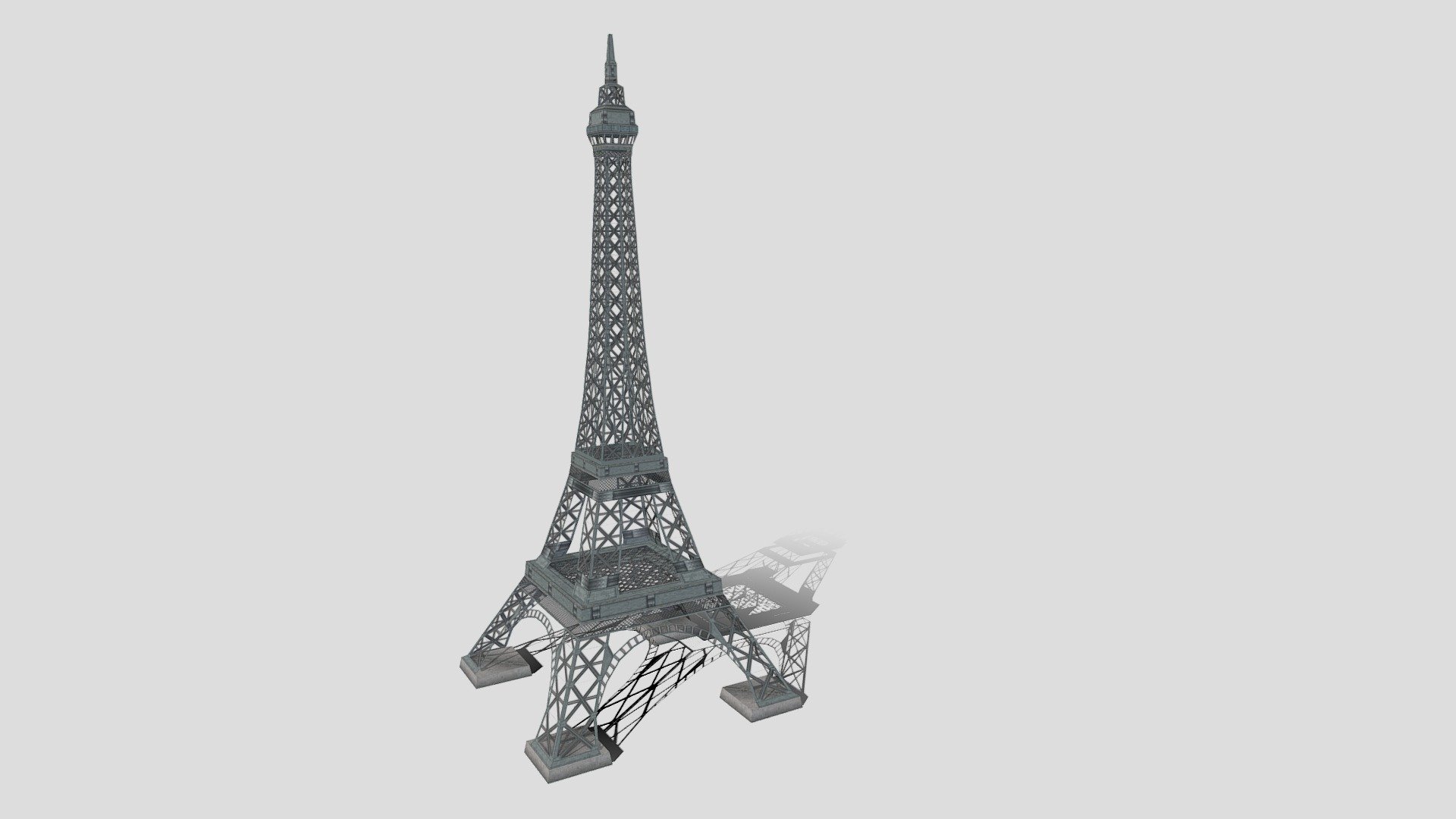 Low poly double-faced Eiffel Tower.
512x PNG Texture with transparency.
1/16 scale: measured in generic 3D units (837. Height x 346. width &amp; lenght )
It was made by me to be used on a game level, the faces are doubled due to the limitations of the engine it was made to be used on.