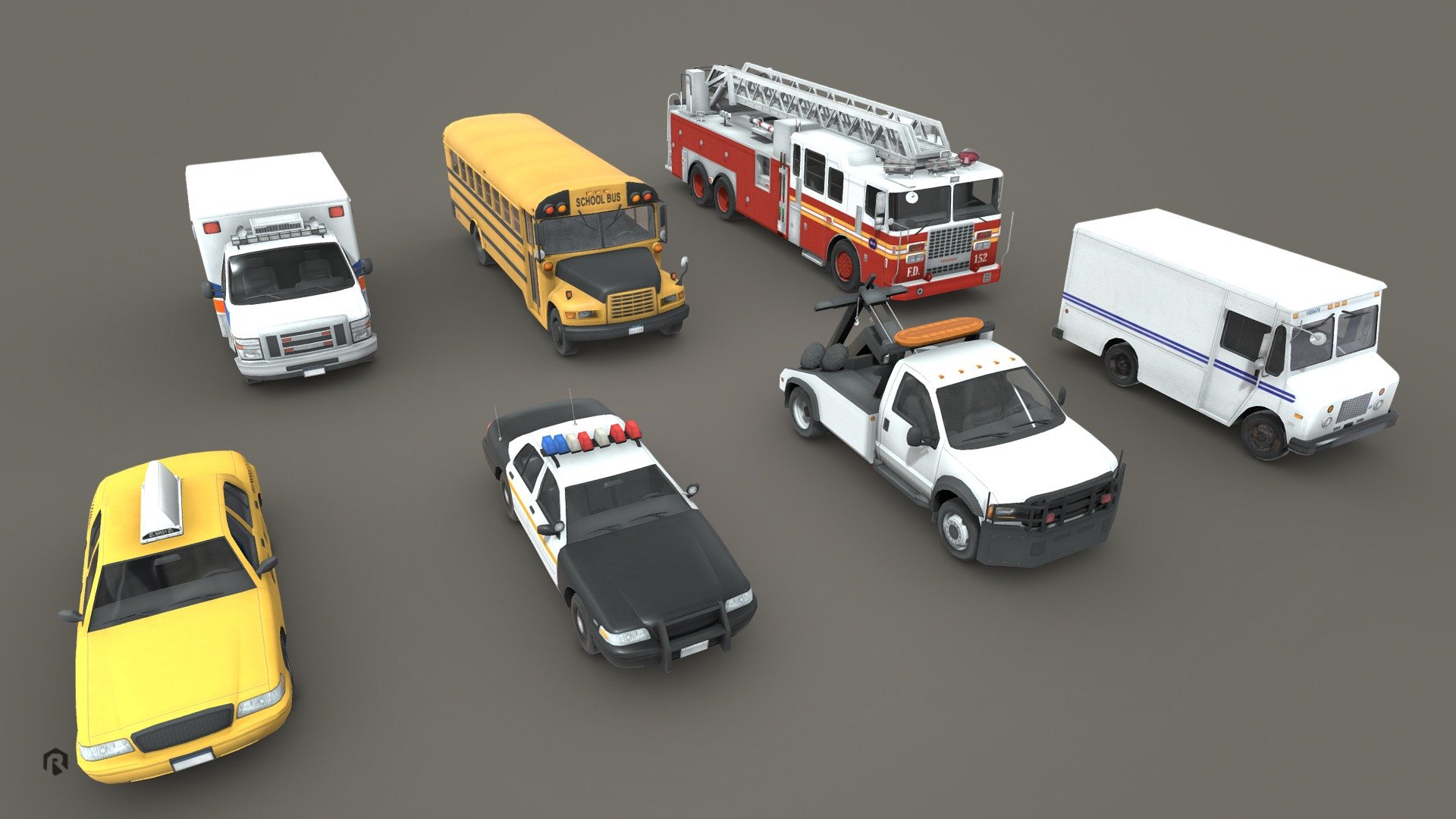 This pack includes 7 low-poly 3D models of emergency service cars.

Interior parts of cars are also modeled but with less detail.

These assets are best for use in games and other VR / AR, real-time applications such as Unity or Unreal Engine. 

You can also get these models in big vehicles bundle: https://skfb.ly/osRTL  

Collection Includes:




New York Taxi - 4743 Triangles, 2048 Diffuse and AO textures

Ambulance Vehicle - 5348 Triangles, 2048 Diffuse and AO textures

USPS Mail Truck - 4180 Triangles, 2048 Diffuse and AO textures

NYPD Police Car - 5157 Triangles, 2048 Diffuse and AO textures

School Bus - 6244 Triangles, 4096 Diffuse and AO textures

NYPD Tow Truck - 5764 Triangles, 2048 Diffuse and AO textures

Fire Truck - 8996 Triangles, 4096 Diffuse and AO textures

More file formats are available in additional zip file on product page !  

Please feel free to contact me if you have any questions or need any support for this asset.

Support e-mail: support@rescue3d.com