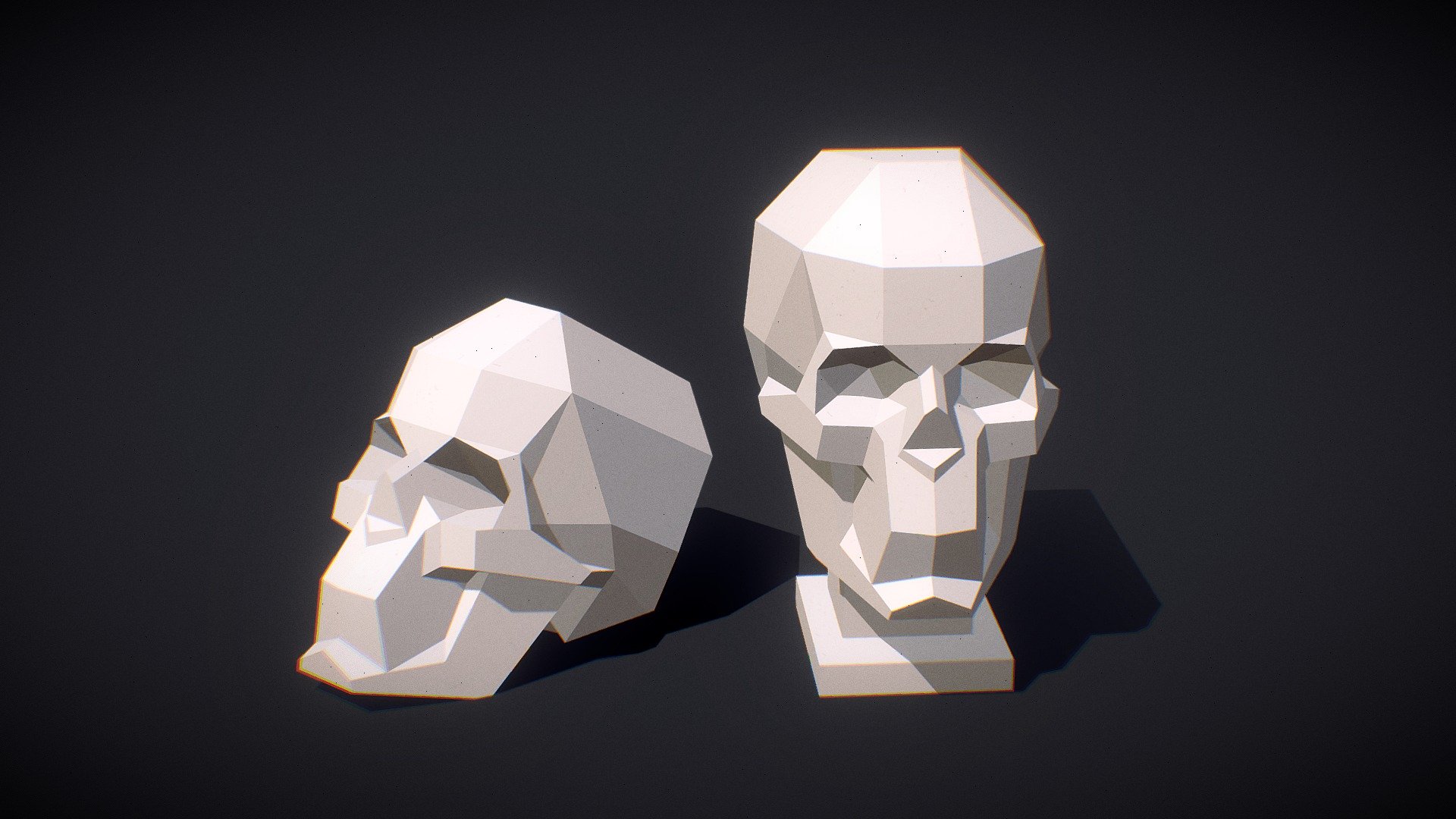 Low poly model of a skull, all faces are flat, designed for paper craft. The stand and the skull are separate objects.