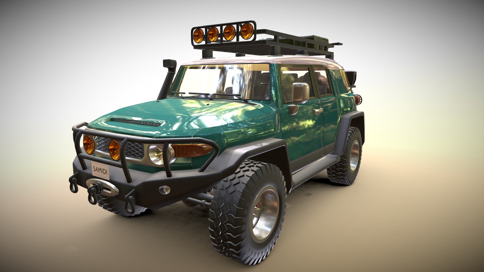 SUV model. Asset ready to use. 4 texture (Interior 3/Number plane 1). Separated steering wheel. Detailed suspension