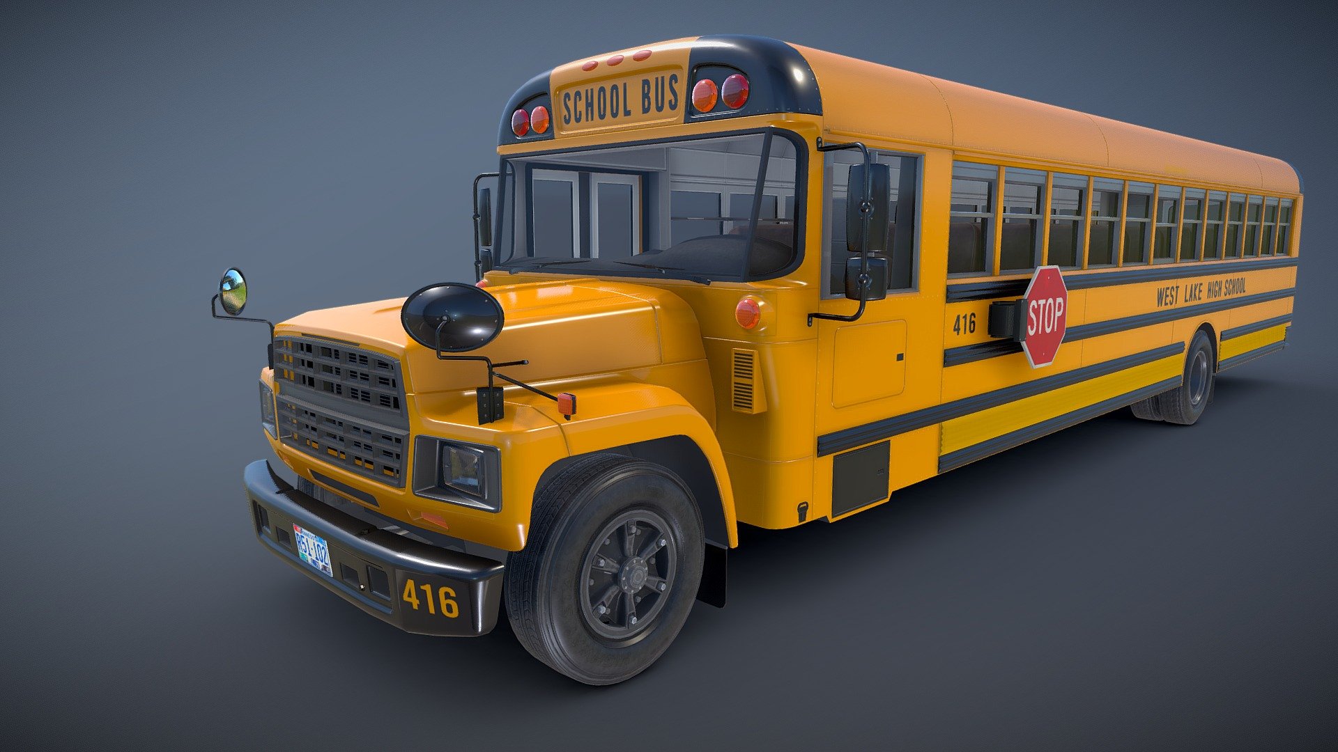 American school bus game ready model.

Full textured model with clean topology.

High accuracy exterior model

Different tires for rear and front wheels.

High detailed body - seams, rivets, chrome parts, wipers and etc.

Side and back doors are openable.

Lowpoly interior - 5876 tris 4123 verts

Wheels - 9280 tris 5462 verts

Full model - 58160 tris 34928 verts

High detailed rims and tires, with PBR maps(Base_Color/Metallic/Normal/Roughness.png2048x2048 )

Original scale. Lenght 11.6m , width 2.35m , height 2.8m.

Model ready for real-time apps, games, virtual reality and augmented reality.