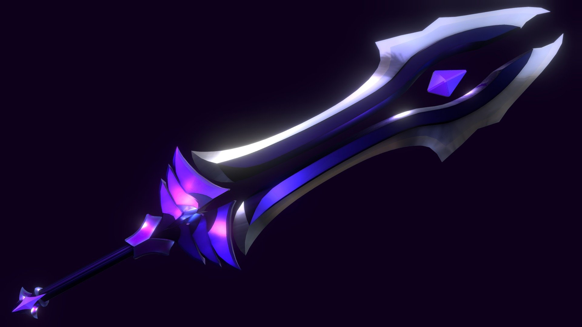 About the model: This is a double-bladed, single-edged fantasy sword that features a large magic crystal suspended between the blades, as well as two smaller ones at the end of the handle. It was designed around the idea of a magic, sword-hielding assassin.

Topology: Quads.

Performance: It performs very well in-game, it’s lowpoly and good looking. The textures can be down-scaled from their original 4k resolution to 1k, and it will still have great quality.

Textures: 4k textures of: Color, Metallic, Roughness, Ambient Occlusion, Curvature, Thickness, Position.

UV: UV map unwrapped and packed.

Formats Included: FBX, OBJ, BLEND, GLB, PLY, STL, USDC, X3D, DAE, ABC, MTL.