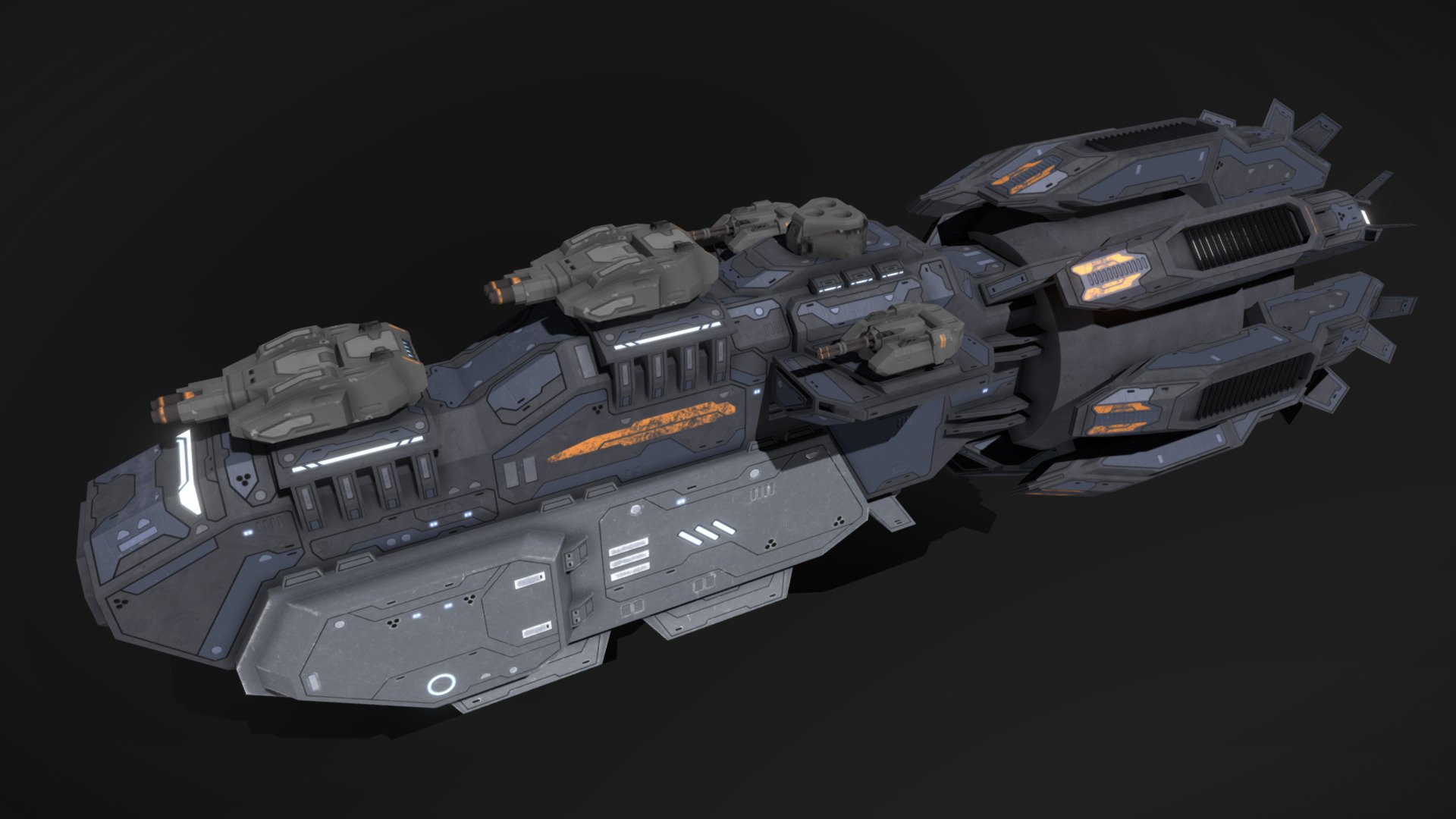 This is a model of a low-poly and game-ready scifi spaceship. 

The weapons are separate meshes and can be animated with a keyframe animation tool. The weapon loadout can be changed as well.

The model comes with several differently colored texture sets. The PSD file with intact layers is included too.

Please note: The textures in the Sketchfab viewer have a reduced resolution to improve Sketchfab loading speed.

If you have bought this model please make sure to download the “additional file”.  It contains FBX and OBJ meshes, full resolution textures and the source PSDs with intact layers. The meshes are separate and can be animated (e.g. firing animations for gun barrels, rotating turrets, etc).
