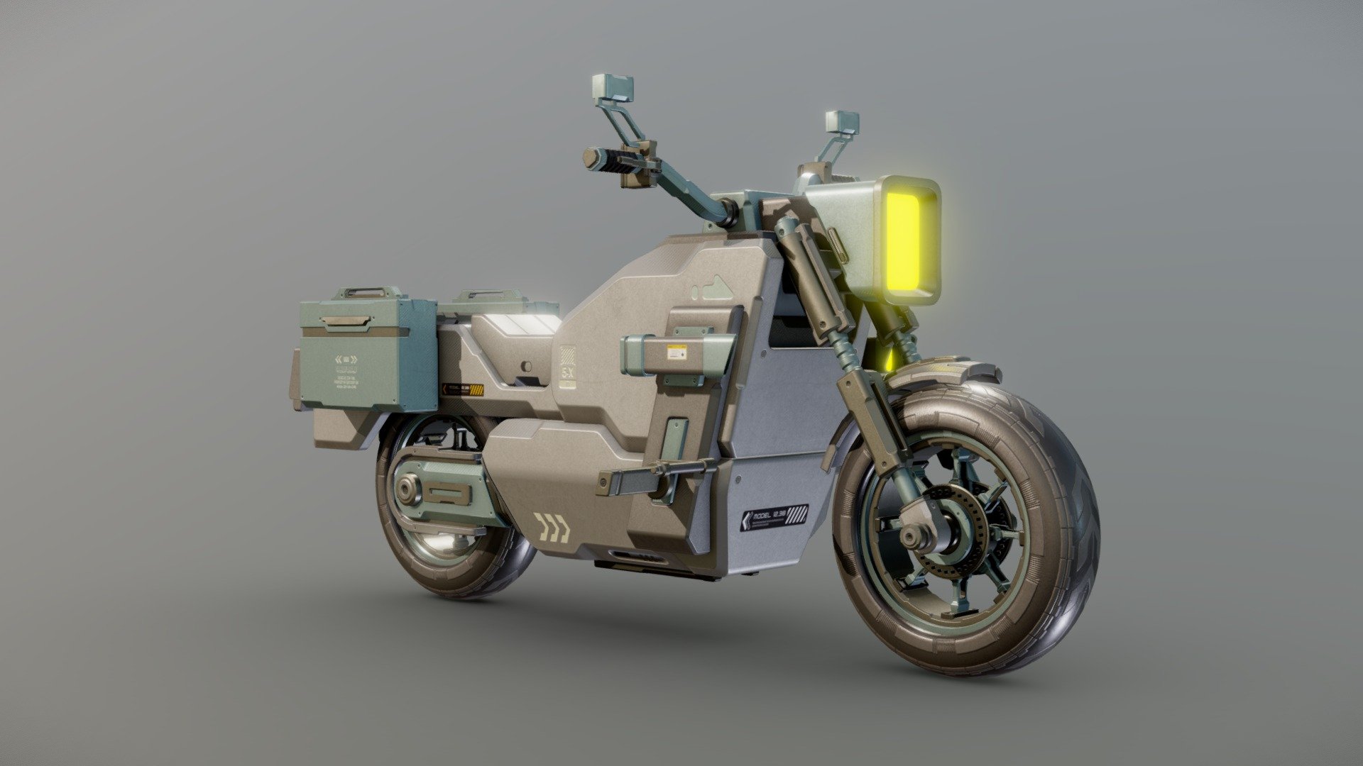 **Motorbike Concept - Saipan Scout
**

Conceptual design of explorer motorcycle, with an aggressive shape, this conceptual design transmits raw power and at the same time an elegant futuristic industrial design with clean and anodized metal materials, characterized by sharp angles but softened by beveled edges, in its general shape we can find three large pieces from which derive accessories and details, this with the purpose of giving a clean and minimalist aesthetic.

This motorcycle is inspired by pop culture works, such as Tron, Blade Runner, Akira, etc. In this design explores the idea of an electric motorcycle with a powerful aesthetic, with some subtle elements of retro gadgets, taking as reference design elements of Dieter Rams in the company BRAUN, even retaking some design resources of the latest versions of the i phone.




Native format: BLEND 3.3.1

Render: Cycles

Substance Painter Textures: JPEG 8K

PBR Textures

Materials: 1

Don’t forget to give me your feedback. 😉
