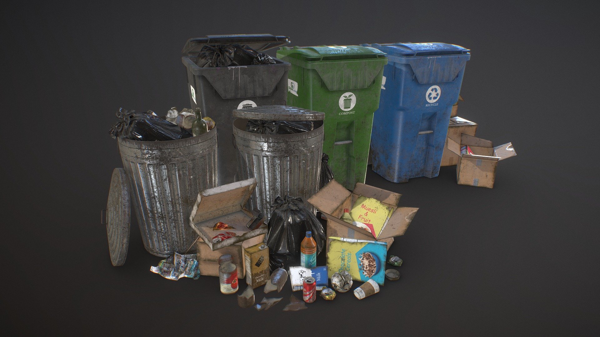 Low Poly pack of game ready models of Urban Trash with PBR textures available on Fab: https://www.fab.com/listings/7f901165-e1c4-4ee2-b9ac-1ef09e520d36

4k textures (1 set for all small props / 2 different levels of dirt, 1 for Garbage Bags / 3 different colors, 1 for Trash Can / 2 levels of dirt and 1 for Trash Bins / 3 colours / 2 levels of dirt)

This pack includes: 




Trash Cans

Trash Bins

Urban Trash: 3 carboard boxes - 2 cereal boxes - 3 cartons of milk - 4 papers / 4 levels of crumpling - 4 types of tins - 1 coffee cup - 2 wine bottles - 2 broken bottles - 3 soda cans with 4 levels of crushing - 2 plastic bottles - 1 pizza box - piece of pizza

2 Garbage Bags

Polys of kit: 31086 / Polys of scene: 17407

2 files included: 




Urban Trash Pack Vol2 Scene - Objects represented as seen in renders

Urban Trash Pack Vol2 Kit - All objects included

Also included in Trash Pack Vol 3

