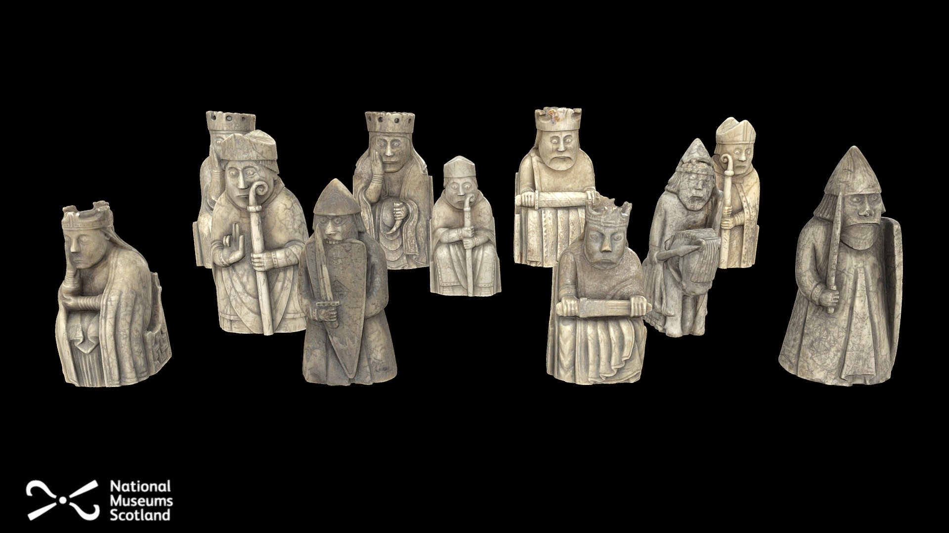 The medieval chess pieces from the Scottish island of Lewis are among our most popular collections. They give us fascinating insights into the international connections of western Scotland and the growing popularity of chess in medieval Europe.

The eleven chess pieces on display in the Museum of Scotland were part of a large hoard buried on Lewis. The hoard contained 93 gaming pieces in total, including at least four chess sets as well as pieces from other games. The chess pieces were probably made in the late 12th or early 13th century in Norway. 

Find out more at www.nms.ac.uk/lewischesspieces
View the individual scans: https://sketchfab.com/nationalmuseumsscotland/collections/lewis-chess-pieces

Model information:  produced by Dr Hugo Anderson-Whymark, 2019. 4776 25 mp images.  Canon EOS 750D with Canon 60mm macro lens. Low resolution: Each piece 75000 polygons with 1024x1024 pixel texture.  For higher resolution see individual models.