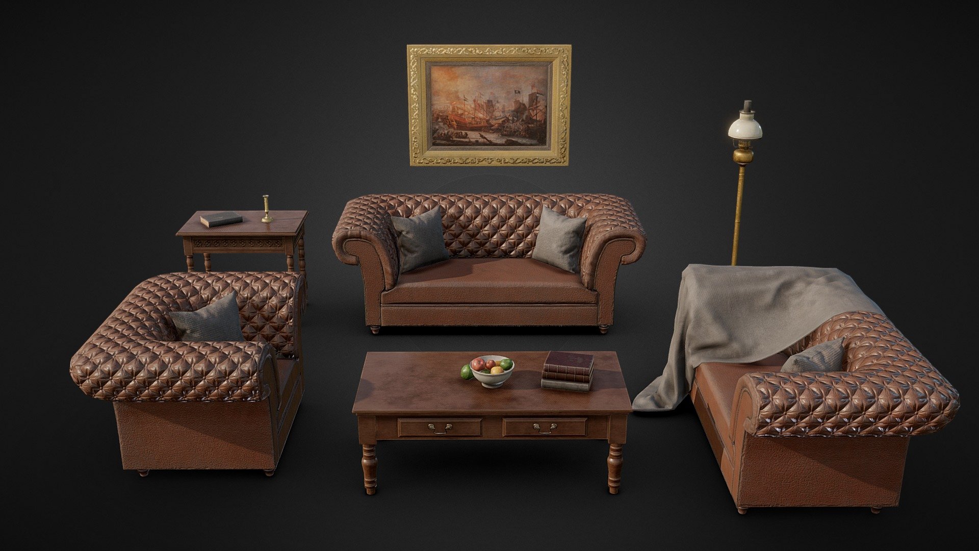 A low-poly, game ready Victorian sofa set with a props. These models will look great in an old, Victorian-era environment and are suitable for use in game, VR, archviz and visual production. 

You can get this model on Fab

Features




Model includes victorian inspired sofa set (3 sizes), cushions and blanket which can be moved / removed, painting, oil lamp, and coffee table and side table with a fruit bowl, books and candle holder.

Clean topology. Objects are grouped, named appropriately and unwrapped with no overlaps

Modelled in Blender and textured in Substance Painter.

30,849 tiangle count

Additional file includes the Blender project with high-poly meshes

Textures




This model uses the metalness PBR workflow and includes 6 texture sets at 4096x4096 (1 set), 2048x2048 (1), and 1024x1024 (4). 

Textures include Base Colour, Roughness, Normal, and Metallic.
