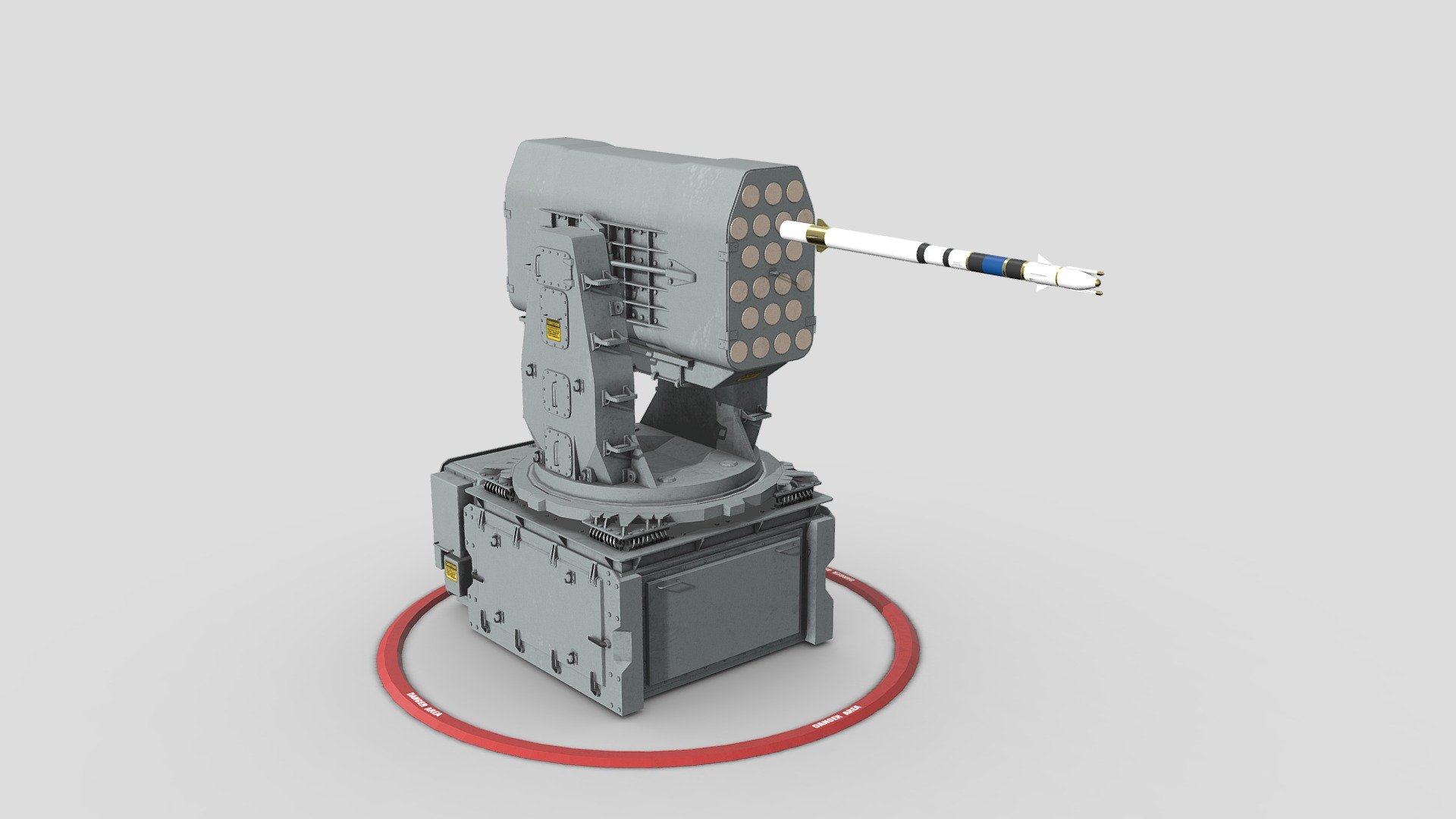 RIM 116 Rolling Airframe Missile 
Missiles: 21 x RIM-116 rolling airframe missiles (RAM) 
Highly detailed RIM 116 Rolling Airframe Missile model 
For far and near angles. 
For rendering animations and games. 
Has real dimensions. 
Model formats: * .max . ma .fbx .blend 
All textures are 4k resolution