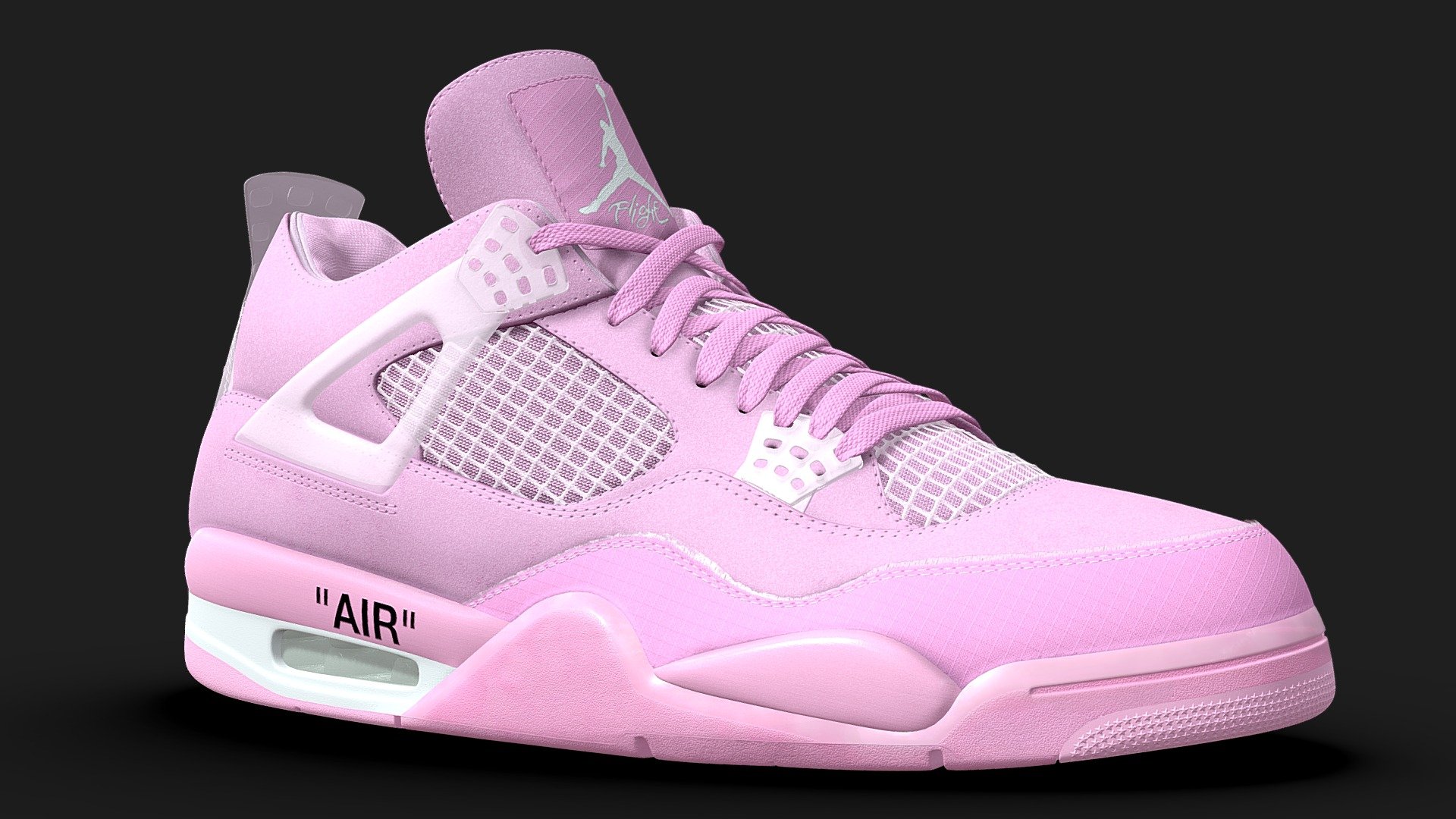 Iconic Jordan shoe in collaboration with one of the greatest designers of all time, Virgil Abloh. This is a custom colourway, all pink with light blue accents on the sole.

This model is a 1:1 replication of the original. All dimensions, angles, and curves are the same as the real life counterpart. The shoe is subdivision ready with a base polycount of 53,690 polys per shoe. The mesh uses four texture sets, all at 4096x4096 resolution, with the following maps in use: Base Color, Metallic, Roughness, Normal. The base color map contains the transparency information.

There is an optimized, One Mesh version which has a lower polycount, 26,413 polys per shoe. This was achieved by removing small stitches and smoothing out the sole of the shoe. Two images with turqoise backgrounds show what this looks like.

The main Blender files contain the full texture setup.