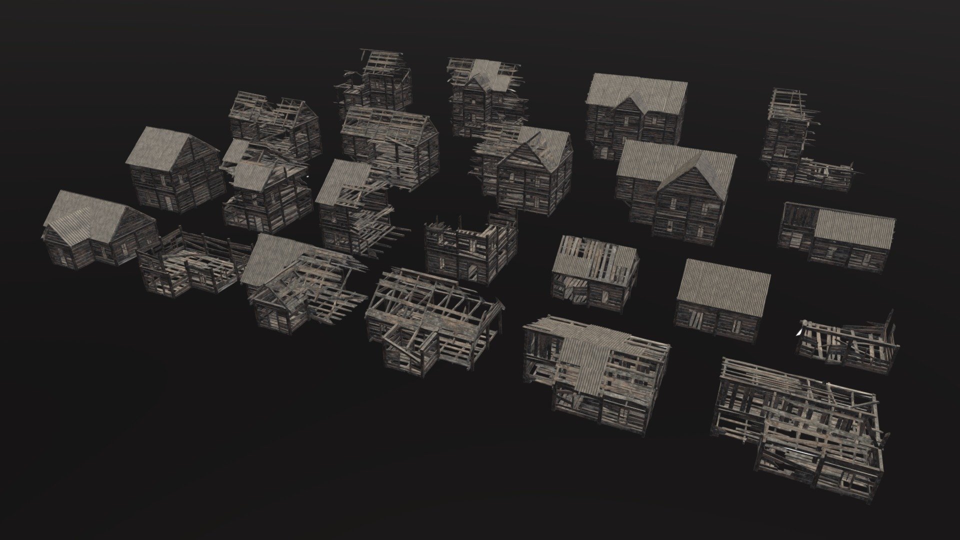 Purchase: https://www.artstation.com/a/36579139

This modular set allows you to create post-apocalyptic or post-war scenes of cities. Includes 22 Burned Wooden buildings and basic parts.

You can easily change the position of buildings or copy them to create a larger city. 

Designed to be modifiable. All materials, textures, and sample scene are included in the package. 

The buildings are worked out on both sides. 

It’s readily available to import in Unity3D and UE5 

4 PBR materials 2048x2048, 27 Textures

Polygon count 155 000 Polygons, 176 000 Vertices 

Included 3D formats: fbx, obj, blend, dae