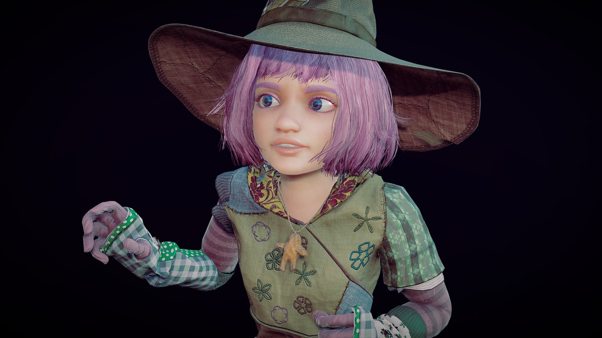 This real-time 3D model represents a charming and mysterious little witch girl. With purple hair, a pointed hat, and clothing with embroidered details, the little witch girl looks ready to cast a spell at any moment. Her facial expression is serious and focused, suggesting that she is a dedicated magic apprentice focused on her craft. The carefully crafted details add a touch of authenticity to her appearance. With its captivating design and ability to move in real-time, this 3D model is perfect for use in video games, animation, and virtual reality. Full-scale model in centimeters.

My Store
https://sketchfab.com/JoRCS/store

Includes sample file

Files included:





Textures PBR in 4k




Blender model (skinning and rigging)




FBX




OBJ









