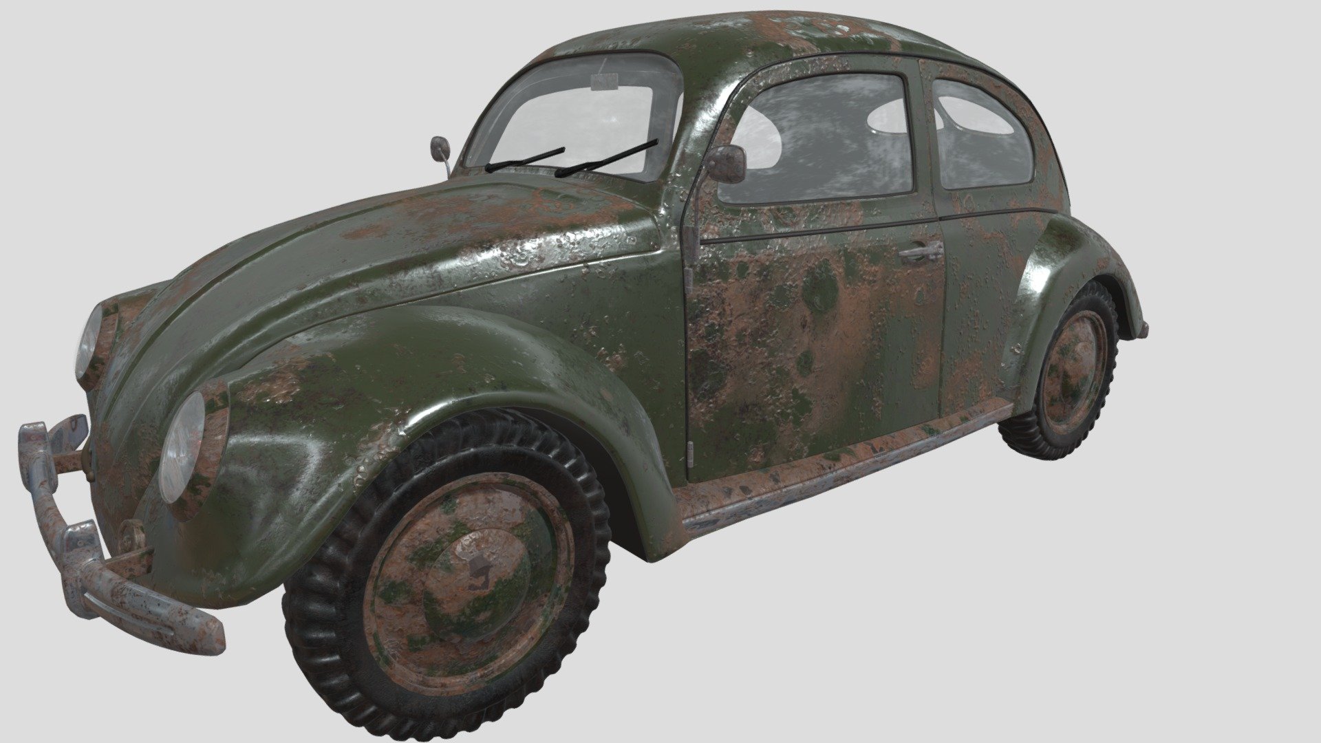 Hello

The rusty model I made inspired by the 1941 Beetle model.

High Quality Detailed Render 2K Render in Pro Render Scene

Pro Render Scene included with all Settings ( Reder Settings Materials, Ligths..) Detailed and include Cabin interior modeling

Modelling in 3DS Max 2022

Texture Painting made in Adobe Substance 3D Painter

All Textures 4K (4096x4096 Resolution) Made High Quality Saved PNG 16

Polygons:201,452 Vertex Count: 204,094

Unwraped UVs open all big parts in 3ds Max Uv map applied and Non Turbo Smooth added but All part mostly Compatibility modeled Turbo Smooth.

If you have any problems or questions, please write. -Clean Geometry Detailed Design Ready for games and Design. I wish everyone a good day. Thank you&hellip; Have a nice day.