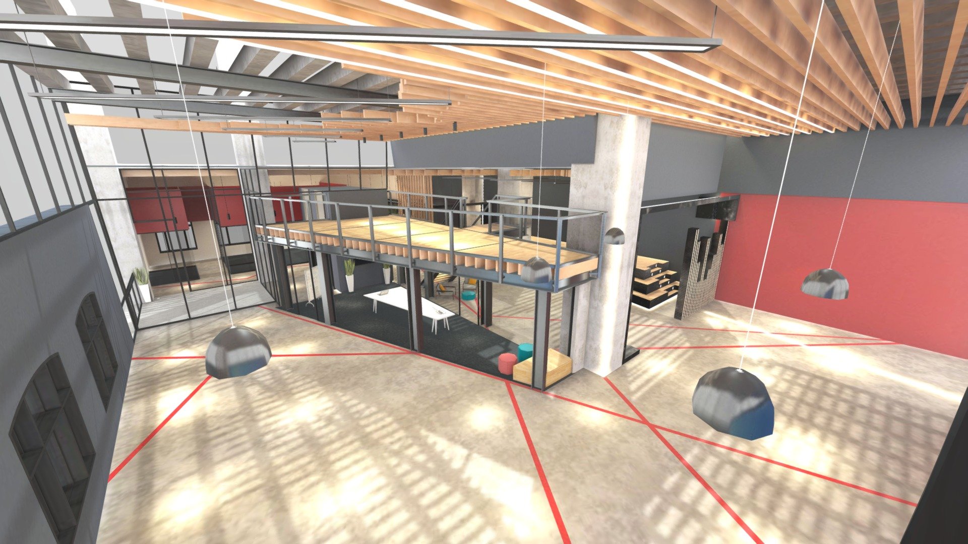 A warehouse-style co-working office space styled in Glass, Steel and repurposed wood. Large meeting areas, two small offices, presentation area, conference room and loft space. Baked texture and lighting, optimized for Metaverse use. Used with collision layer: https://skfb.ly/oCVot

This metaverse environment is available as a default template on Vatom Spaces - spaces.vatom.com

Sign up for a free account now for your own infinite* metaverse space, with 1GB of storage and up to 25 guests at a time for free. Upload any GLBs to create and customize your environment.
