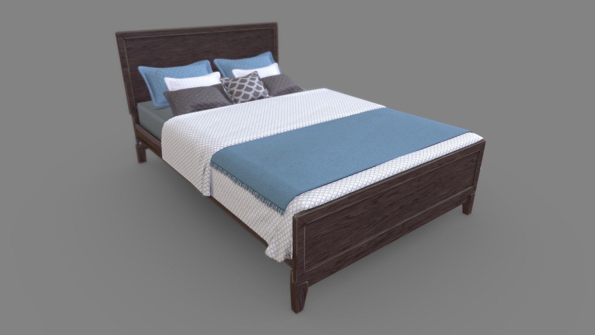 Simple casual bed 

3 texture sets 
* wood structure
* cushions
* fabrics  ( + alpha detail material)