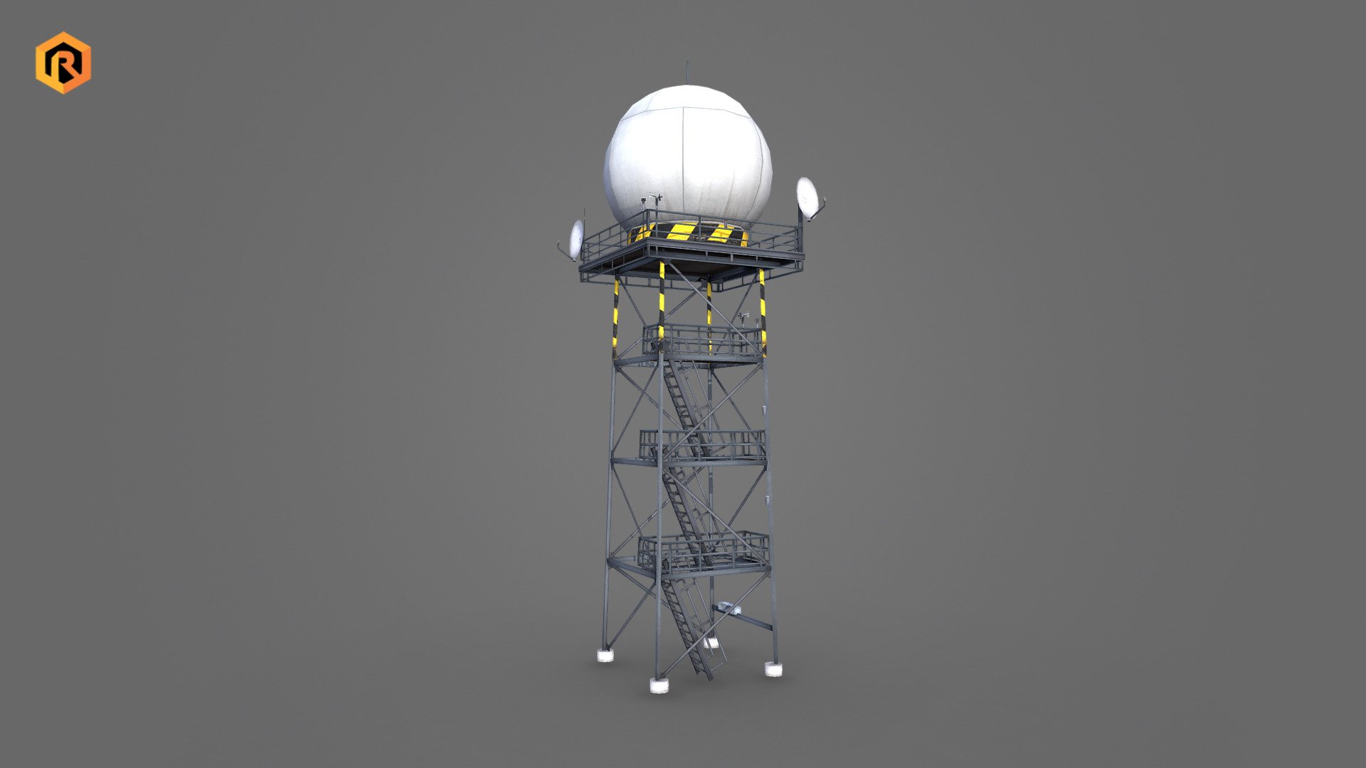 Low-poly 3D model of Radar Tower.

It is best for use in games and other VR / AR, real-time applications such as Unity or Unreal Engine.

It can also be rendered in Blender (ex Cycles) or Vray as the model is equipped with proper textures.  

You can also buy this model in a bundle: https://skfb.ly/ovQJB

Technical details:

- 2048 x 2048 Diffuse and AO texture set

- 1998 Triangles

- 1577 Vertices

- Model is one mesh.

- Model completely unwrapped.

- Pivot point centered at world origin.

- All nodes, materials and textures are appropriately named
- Lot of additional file formats included (Blender, Unity, Maya etc.)

More file formats are available in additional zip file on product page.

Please feel free to contact me if you have any questions or need any support for this asset.

Support e-mail: support@rescue3d.com