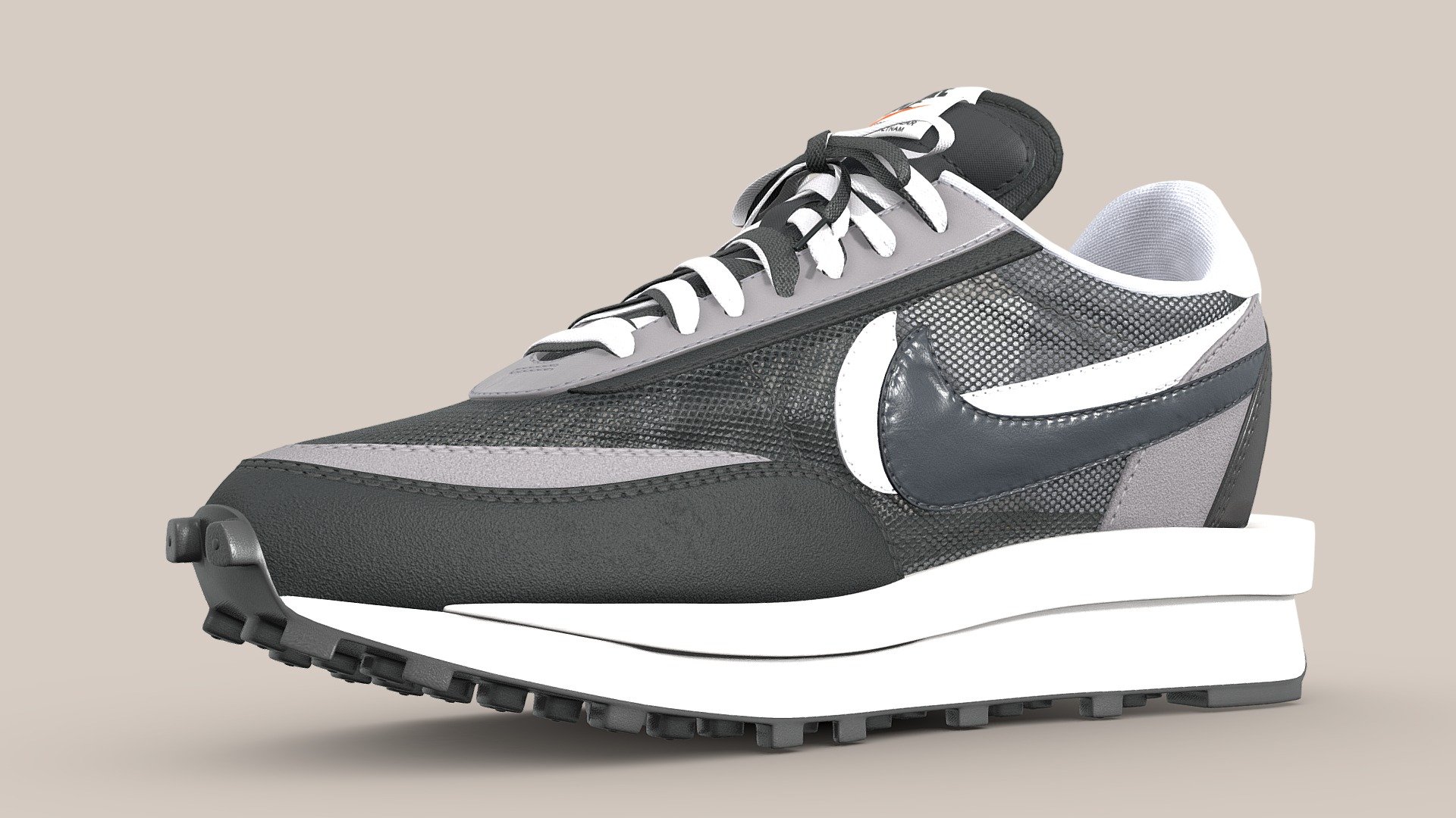 Nike Sacai LD Waffle in the Black Colourway. This is one of the original colourways that released in 2019.

This model is a 1:1 replication of the original. All dimensions, angles, and curves are the same as the real life counterpart. The shoe is subdivision ready with a base polycount of 23,399 polys per shoe. The mesh uses four texture sets, all at 4096x4096 resolution, with the following maps in use: Base Color, Metallic, Roughness, Normal. The base color map contains the transparency information, so plug the alpha of the texture into the alpha channel, or alternatively put the base color texture where the opacity should go

Included is a One Mesh version which uses just 1 texture map per shoe,

The main Blender files contain the full texture setup. The mesh is subdivision ready so you can increase/reduce the subdivision count to achieve your desired look.