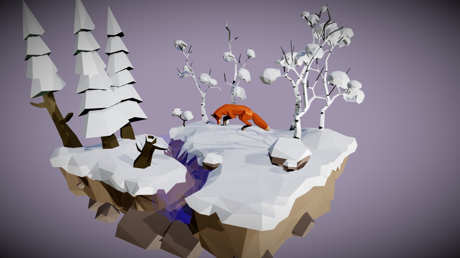 Low poly winter scene with jumping fox. Modelled in #Blender
