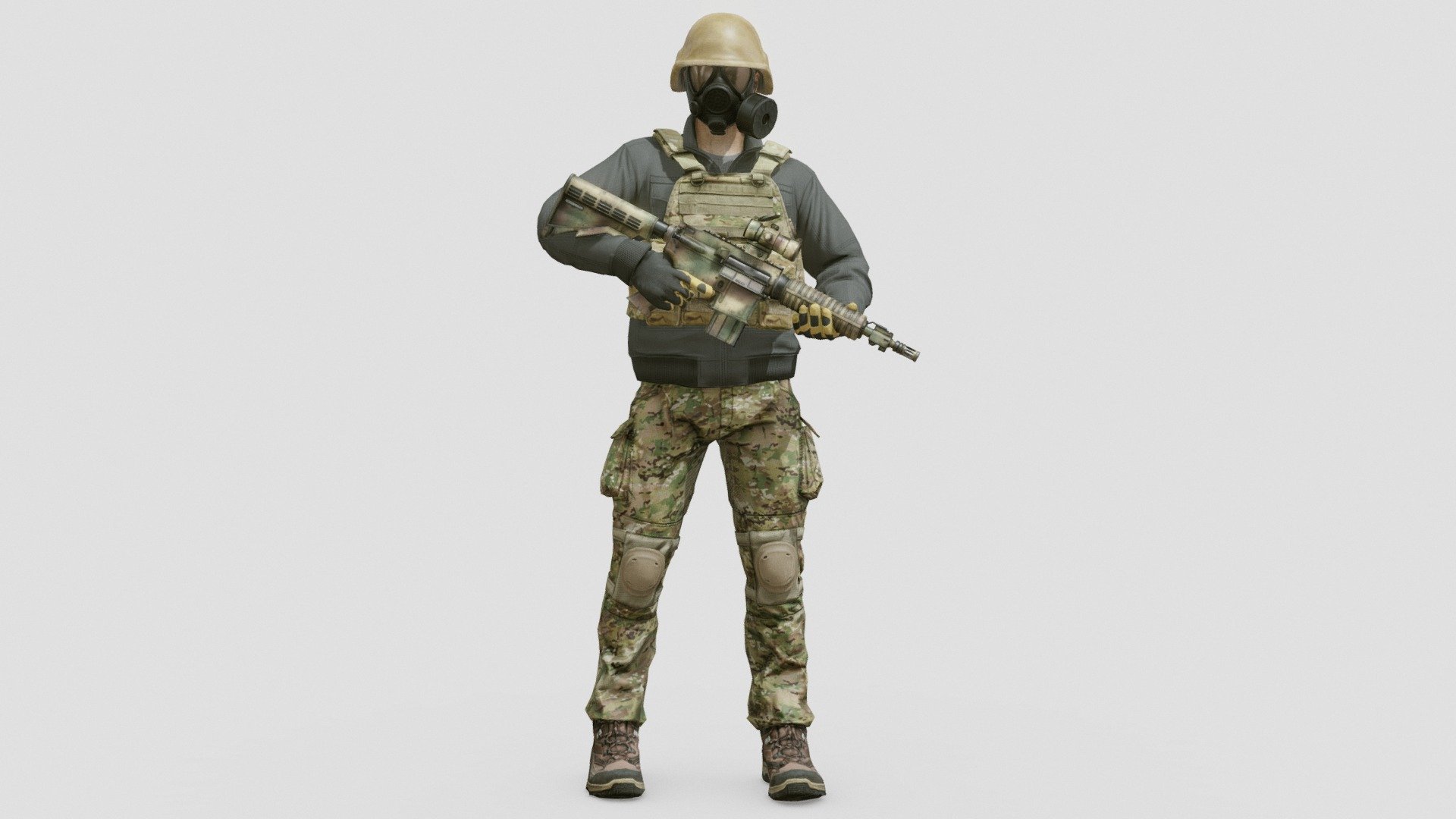 Soldier in modern combat uniform with gas mask and plate carrier.

Separate materials for body, headear, gun and scope.

4k PBR textures for headgear, body and gun. 1k for the scope.


For creation of this character I used and edited few of the assets available on Sketchfab.


List of assets:

Pants by Dubel https://skfb.ly/oBOyJ

Jacket by Nick Scott https://skfb.ly/6YRSE

Vest by csheffield https://skfb.ly/6WSMT

Boot by hippieandcorporate https://skfb.ly/6UvoD

Gloves by rubiez https://skfb.ly/6wZZ9
