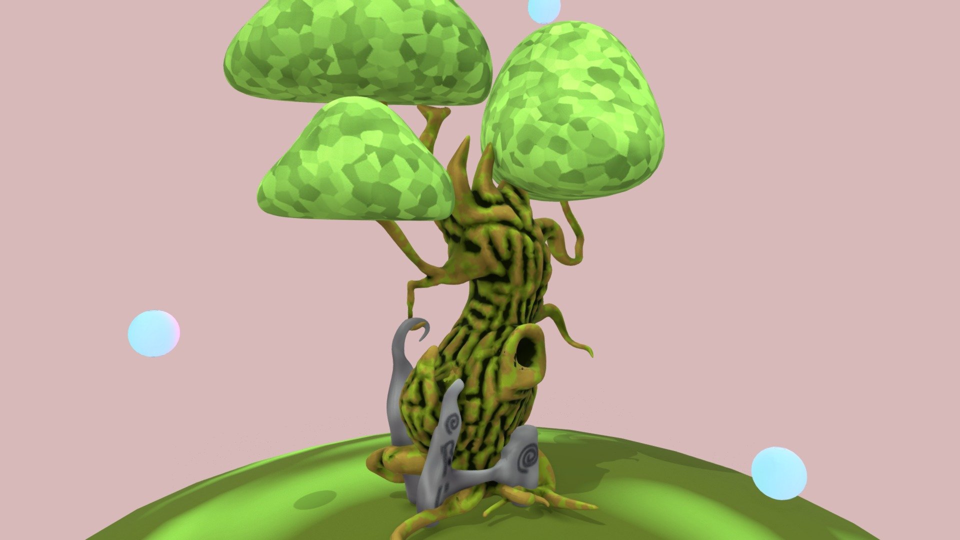 This tree was created very fast in Blender with sculpture mode and optimized with Decimate modifier. Its textures were created in cycles node system.

Partly idea is based on this art (middle tree):https://ru.pinterest.com/pin/426786502168964079/

(I had grass here, but scetchfab has some problems with alpha-images now (or only with my model), so the result isn't final)