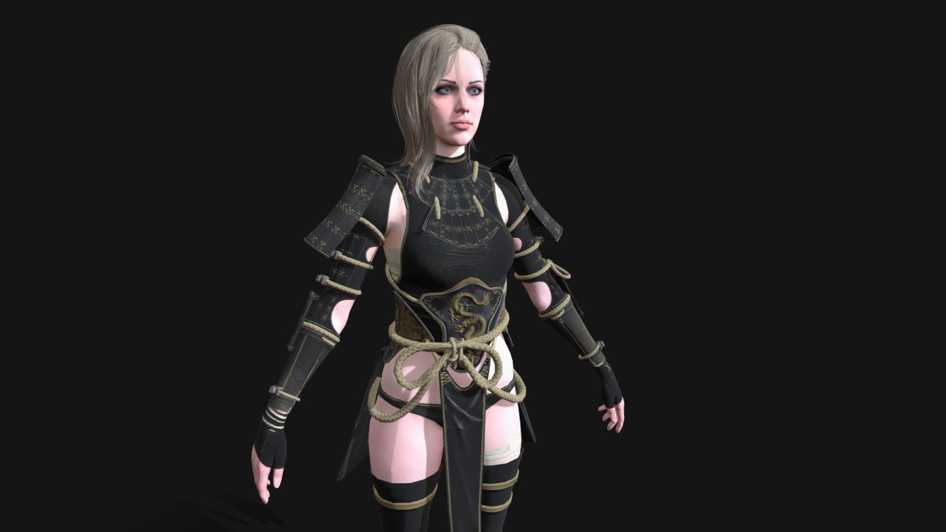 Beautiful low-poly Samurai Girl 
Actual size of the low poly 3d model animated rigged ready for games and other applications in real-time.

PBR textures
all textures 4096 and 2048  ( support texture 256 )
there are also textures on the eyes and other details of 1024 or 2048

In some places on the body, a two-sided shader is used
For a unity, it is enclosed in a texture package

Rigging -Controllers from Maya 2017 Built-in controller
skinning all the bones
The version for the unreal game engine, has a configured physical asset 

faces 46177
verts 51697
tris 90533