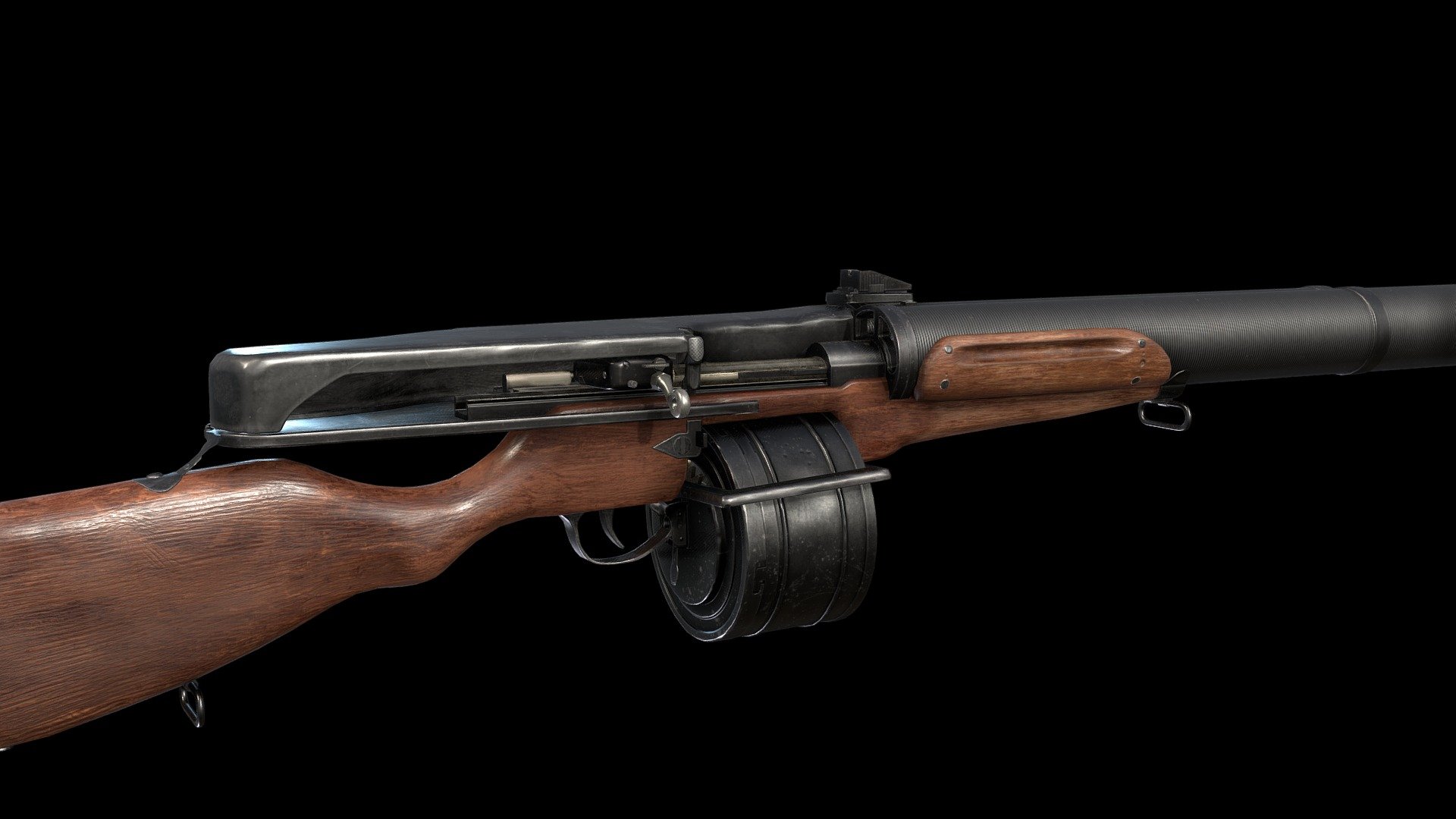 The Huot Automatic Rifle is a Canadian light machine gun developed during World War I, based on the Ross Rifle, but using a gas-operated mechanism and a drum magazine to produce a portable select-fire light machine gun which would be cheaper to manufacture than the Lewis Gun. The Huot was developed from 1916 to 1918, undergoing many refinements during that time to increase reliability and reduce weight. Unfortunately, by the time it was ready for service, the war was over and the weapon was no longer needed, and the entire project was cancelled in the postwar years. Only four prototypes are known to still exist, numbered 1, 2, 4 and 5. It is unclear what happened to 3.

4K textures is available for download  here