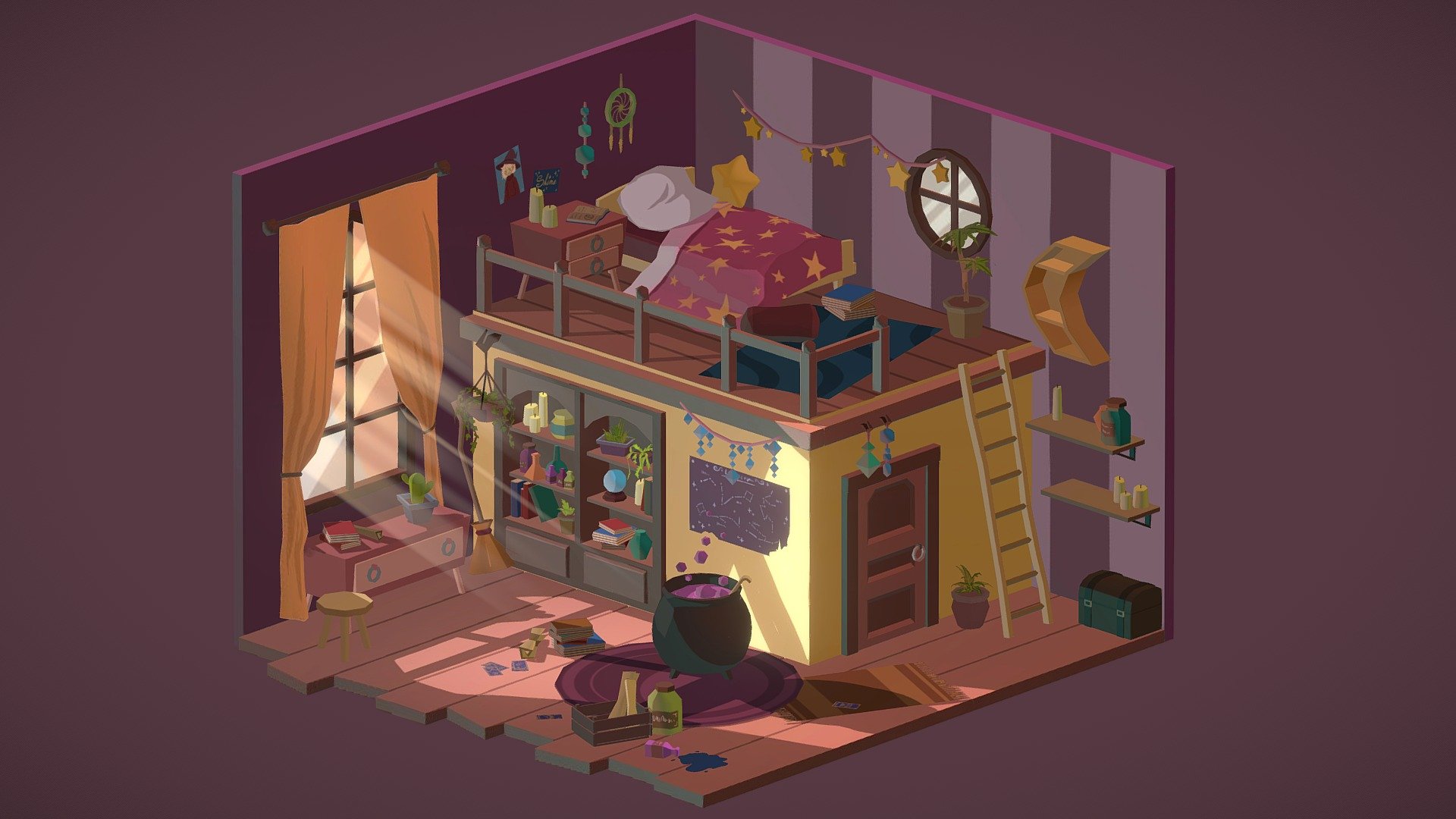 It's October and I wanted to make a little scene in the atmosphere of this month.
And I still love witches stuff.

It's also my participation for the #Isometric2020Challenge.