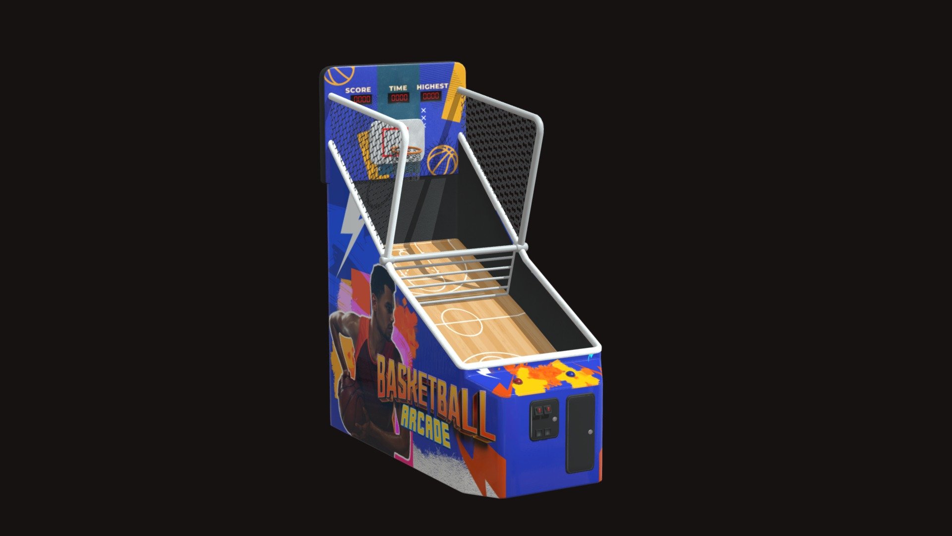 A basketball arcade machine is a common electronic game in amusement parks, arcades and other entertainment venues. These machines usually feature an upright design, with a miniature basketball hoop located on top.

PT-BR
Uma máquina arcade de basquete é um jogo eletrônico comum em parques de diversões, arcades e outros locais de entretenimento. Essas máquinas geralmente apresentam um design vertical, com uma cesta de basquete de tamanho reduzido localizada no topo.