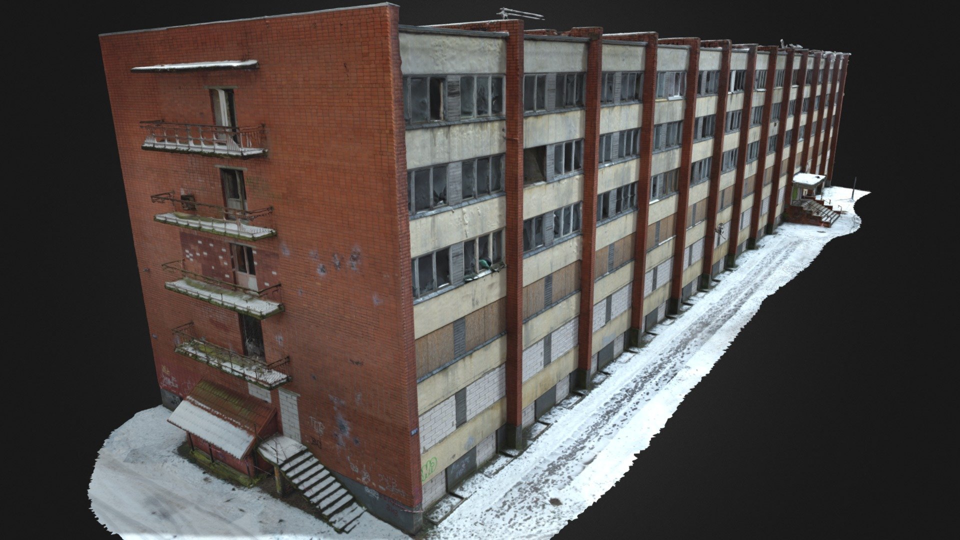 3D scan of an abandoned apartment building in Riga, Latvia. 

Red bricks, broken windows, first floors are blocked off with concrete blocks.
