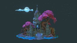 Ancient Temple tree, ancient, fashion, mystery, whimsical, foliage, mysterious, handpainted, architecture, stylized, temple