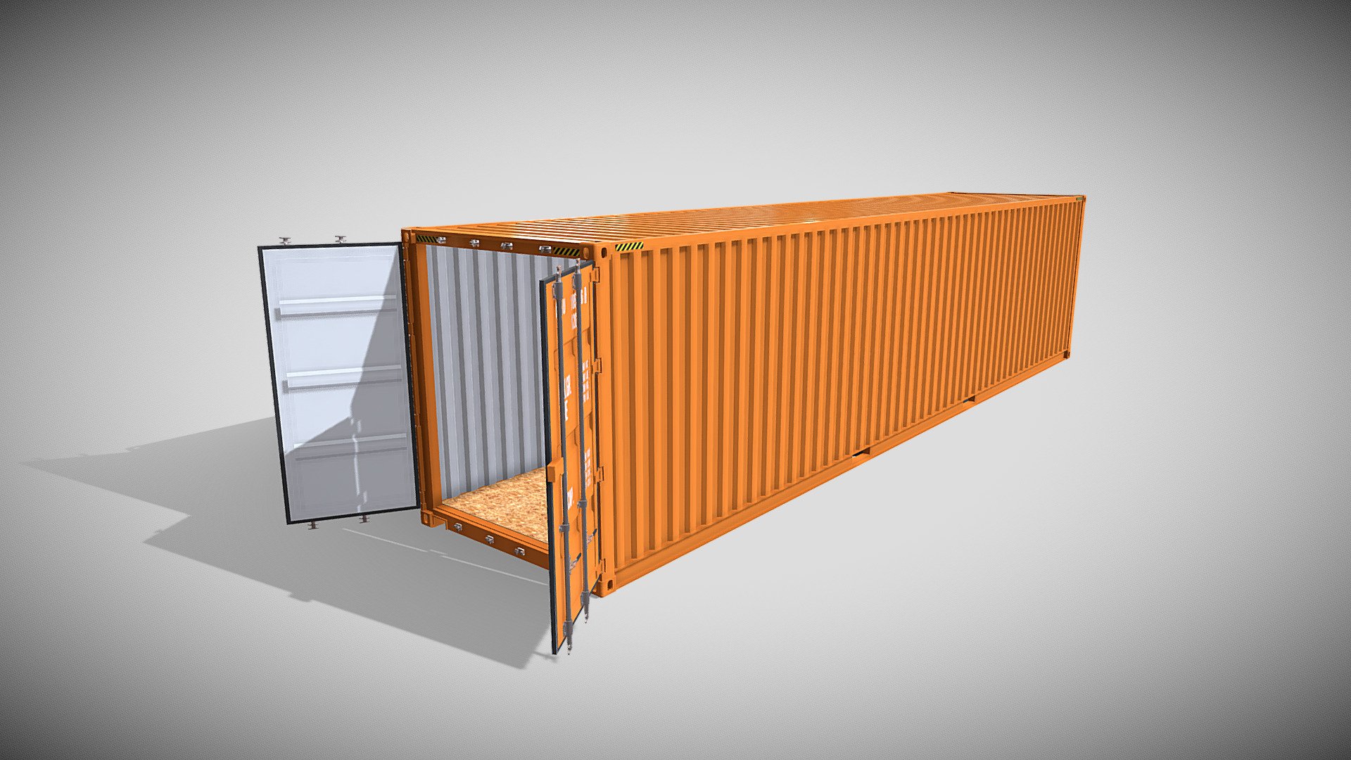 40ft Shipping Container 3d model rendered with Cycles in Blender, as per seen on attached images. 

File formats:
-.blend, rendered with cycles, as seen in the images;
-.obj, with materials applied;
-.dae, with materials applied;
-.fbx, with materials applied;
-.stl;

-.blend, with doors open, rendered with cycles, as seen in the images;
-.obj, with doors open, with materials applied;
-.dae, with doors open, with materials applied;
-.fbx, with doors open, with materials applied;
-.stl;

Files come named appropriately and split by file format.

3D Software:
The 3D model was originally created in Blender 2.8 and rendered with Cycles.

Materials and textures:
The models have materials applied in all formats, and are ready to import and render.
The model comes with two png image textures.

Preview scenes:
The preview images are rendered in Blender using its built-in render engine &lsquo;Cycles'.