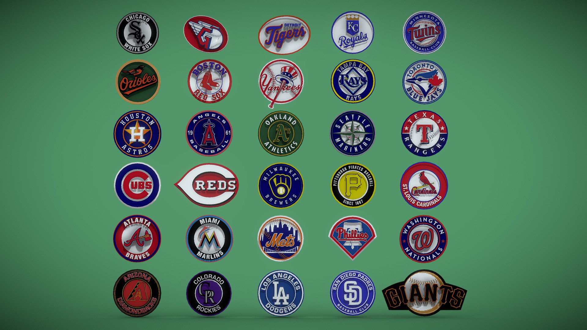 Major League Baseball
EVERY TEAM'S LOGO Printable and renderable versions

Ready to print
Ready to render
Videogame Real Time ready
10cms tall each one approx
Merged and color-splitted models
Format: FBX vertex color and STL full and splitted versions
Ilustrator vector included

Teams:

Arizona Diamondbacks
Atlanta Braves
Baltimore Orioles
Boston Red Sox
Chicago Cubs
Chicago White Sox
Cincinnati Reds
Cleveland Guardians
Colorado Rockies
Detroit Tigers
Houston Astros
Kansas City Royals
Los Angeles Angels
Los Angeles Dodgers
Miami Marlins
Milwaukee Brewers
Minnesota Twins
New York Mets
New York Yankees
Oakland Athletics
Philadelphia Phillies
Pittsburgh Pirates
San Diego Padres
Giants
Mariners
Cardinals
Tampa Bay Rays
Texas Rangers
Toronto Blue Jays
Washington Nationals

If you have any questions do not hesitate to write me, I will be happy to answer!