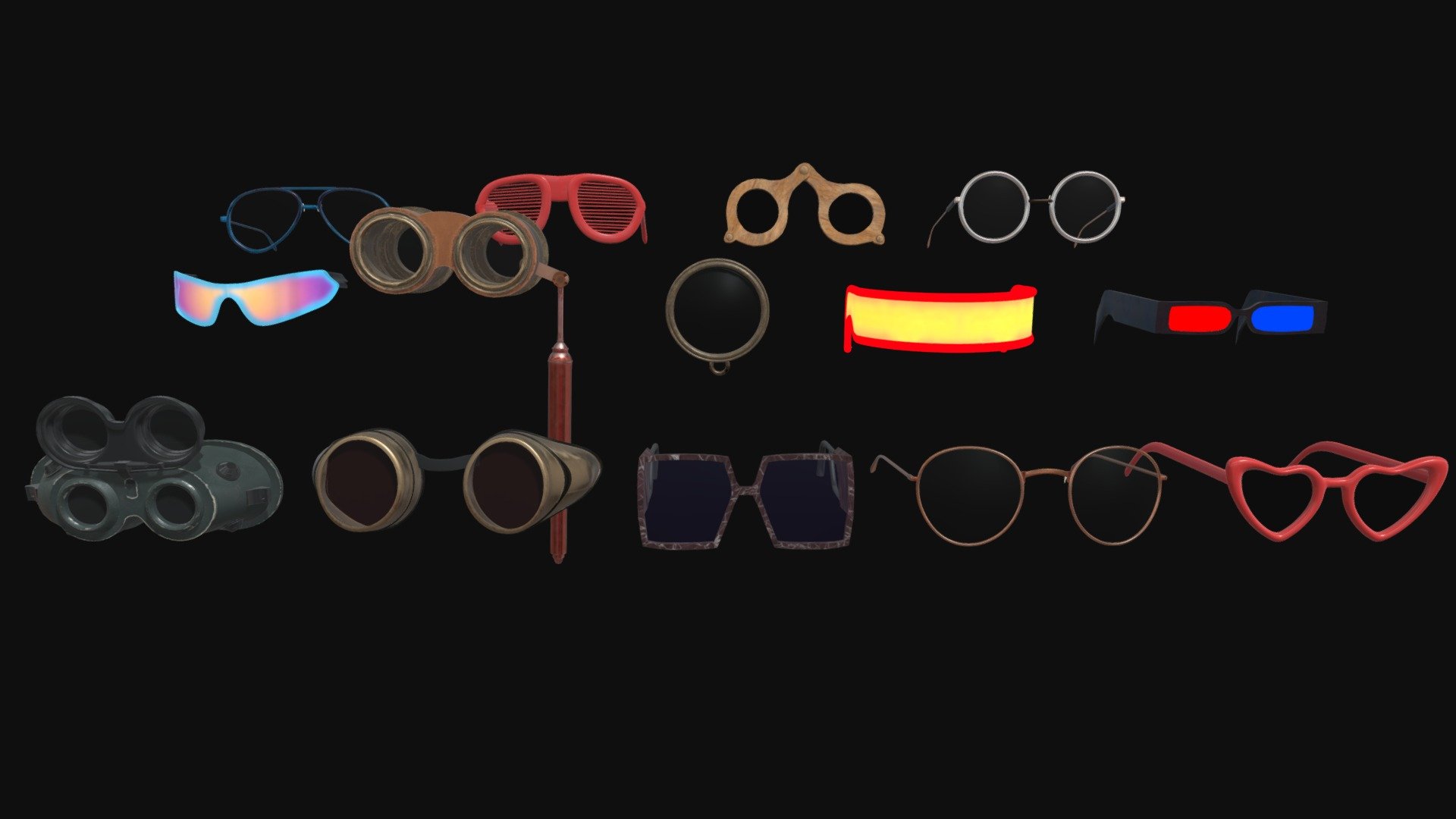 this is a collection of diferent types of glasess, this collection has:
-cine glasses 
-office glasses 
- opera glasses 
- welding goggles
- cyberpunk glasses 
- monocle
- glasses with style
-  heart glasses
-  medieval glasses
-  steampunk glasses

I hope you like it, i’m a 3d modelator of colombia. if you want to contact me you can do in: juancamilojr0212@gmail.com or in discord: batman_comunista#3772 and follow me in instagram: https://www.instagram.com/juanjimenez0212/?hl=es-la

thanks for see!