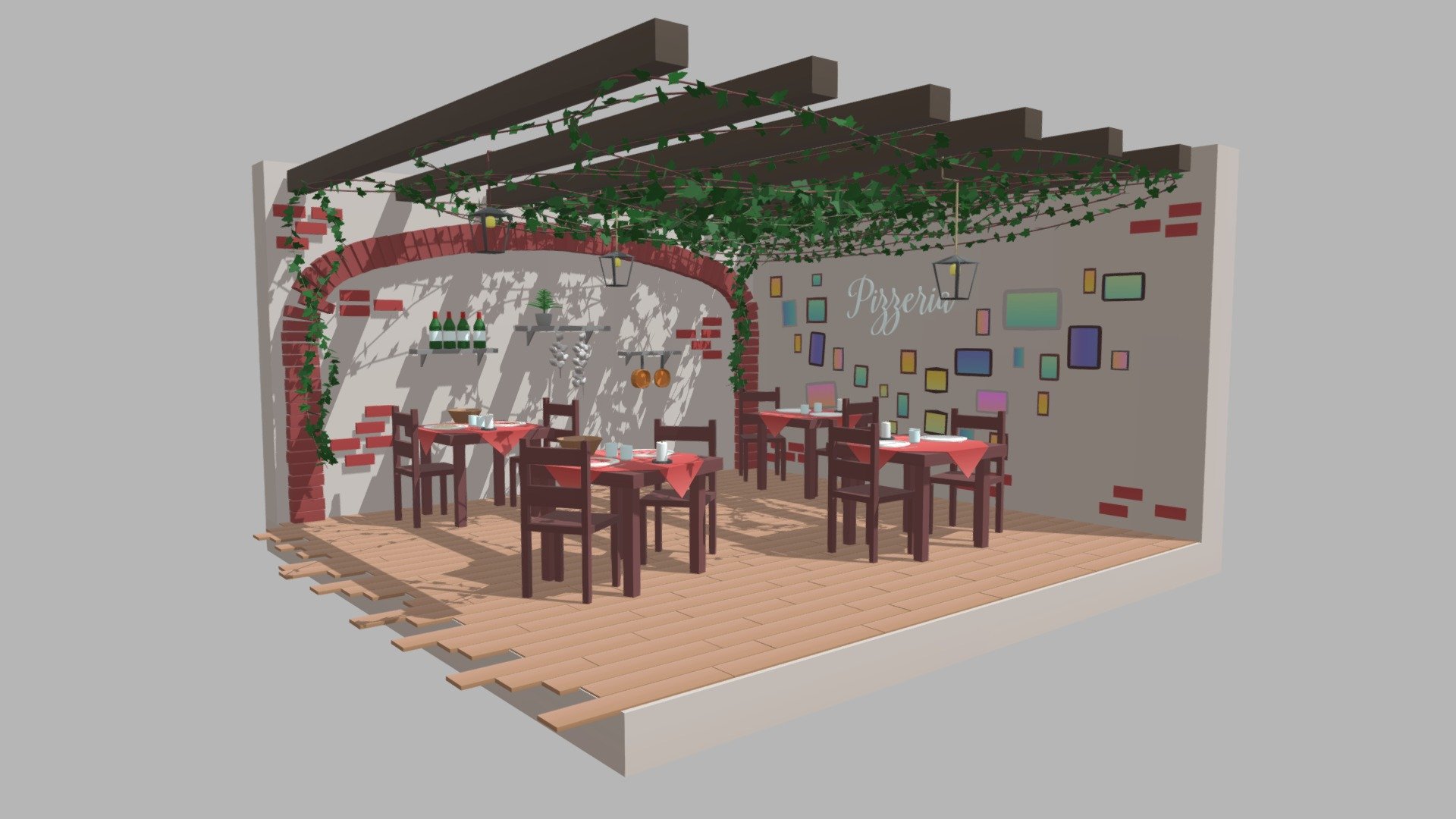 Small diorama of an Italian restaurant. 

Complete with tables, chairs, cutlery, decoration and common objects that could be found in an italian restaurant such as garlic, bottles, pasta &amp; pizza and also ivy for decoration.