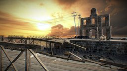 The abandoned ruins bridge pier coast port landscape, abandoned, ruins, exterior, sunset, town, water, beach, port, seaside, blueprint, desolation, architecture, building, street, construction, sea, bridge