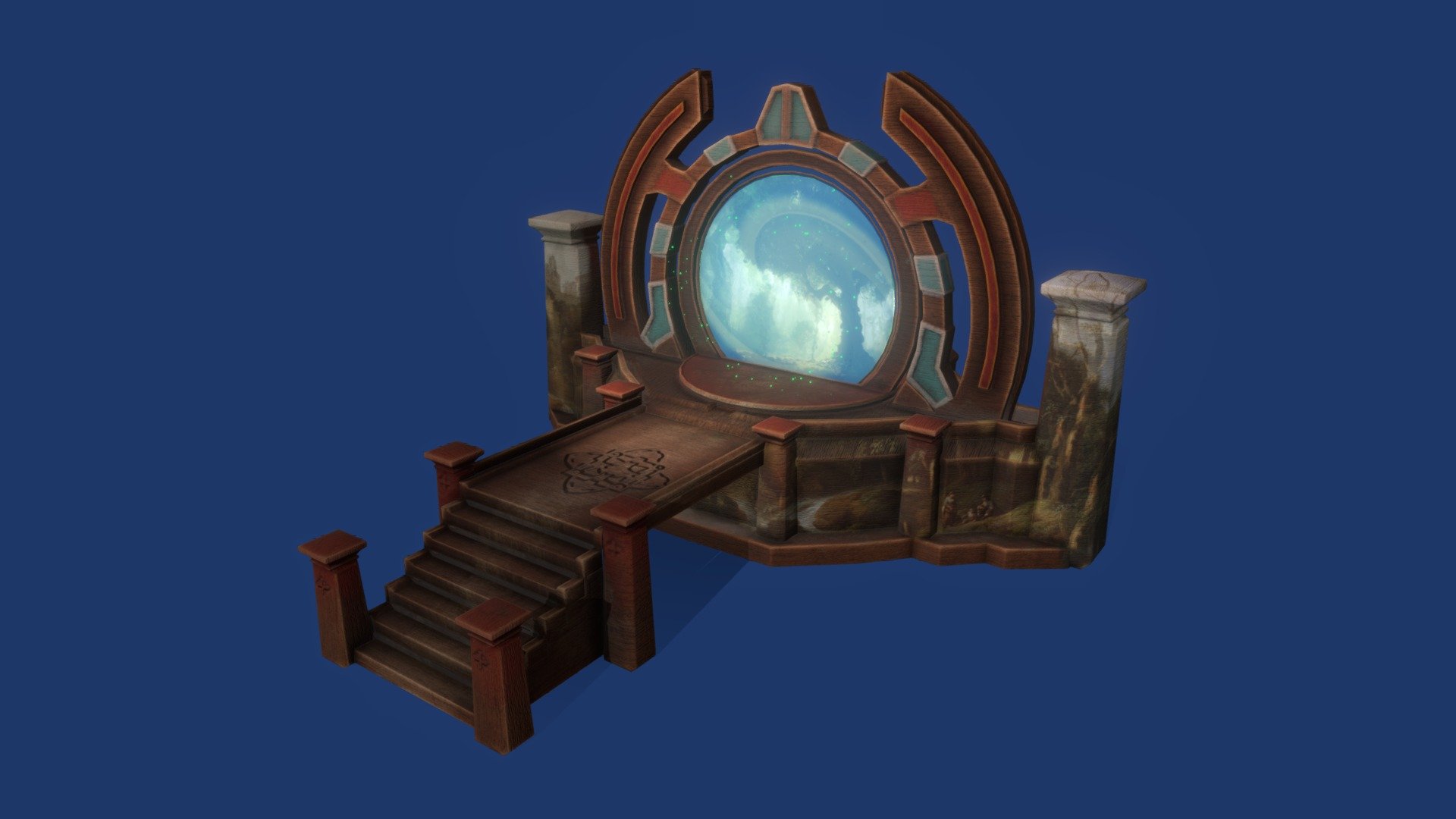 Most of the portals I have seen are either stone or metal, so I wanted to create a stylised wooden, rustic Portal with some wood paint dye that has faded edges. Something that you may find in a medieval fantasy or the witcher.

I used blender to create the model and substance painter to texture it.

Most of the model is texture painted, aside from the painting that I stencilled around the base and there are some wood fibres that are procedurally generated. I created a particle system in blender and use a vertex force to get them to rotate. Blender doesn't have a built in way to export animated particles, so I found a script online that I ran in Blender to convert the particle system to an animated mesh.

Link to script is here

Painting is here
