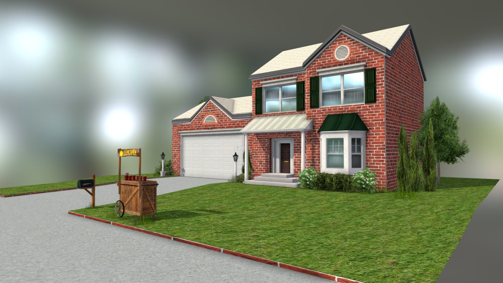 A little suburban american house. 
It is pretty low poly so it can be used in a video game. 
The full scene only has 2 textures, one for the plants and one for the rest.