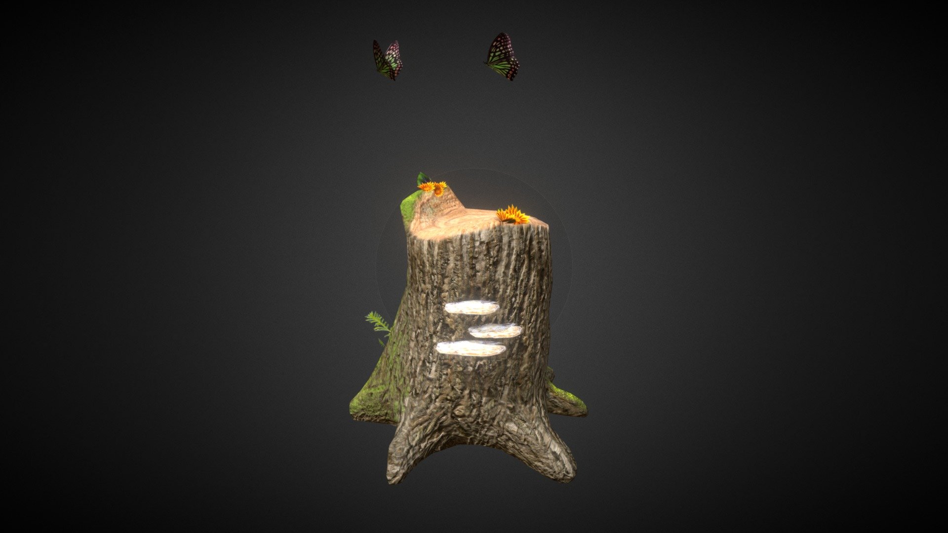 Forest stump thats now the best butterfly hangout around! 

Base mesh is the Tree Stump from Mudbox, with the diffuse, Albedo, and NM layers done in Mudbox.

All other elements maps and animations created using 3Ds Max and Photoshop.
