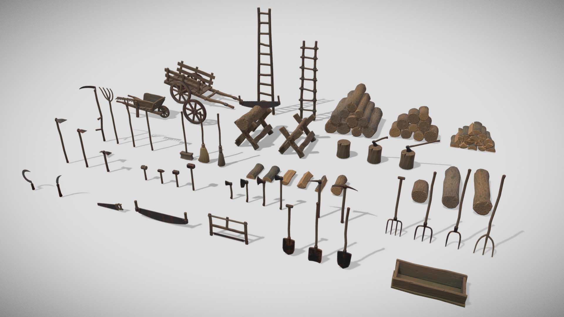 Game ready low poly models.

Vertex Count: 63 - 1965

Texture Resolutions: 2048 x 2048